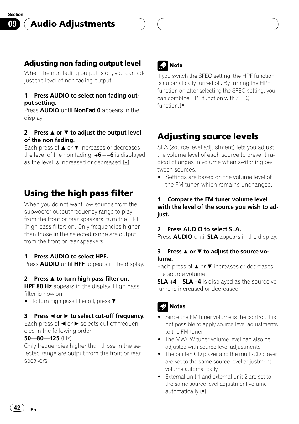 Adjusting non fading output level 42, Using the high pass filter, Adjusting source levels | Audio adjustments, Adjusting non fading output level | Pioneer DEH-P7500MP User Manual | Page 42 / 128
