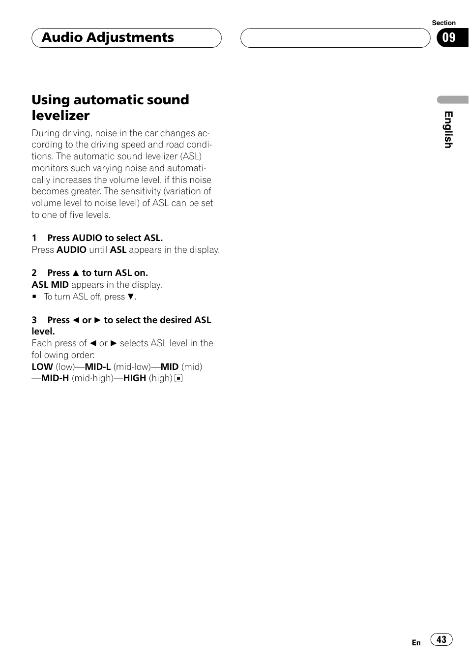 Using automatic sound levelizer 43, Using automatic sound levelizer, Audio adjustments | Pioneer DEH-P7500MP User Manual | Page 43 / 128