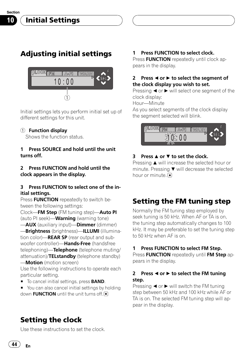 Adjusting initial settings, Setting the clock, Setting the fm tuning step | Initial settings | Pioneer DEH-P7500MP User Manual | Page 44 / 128