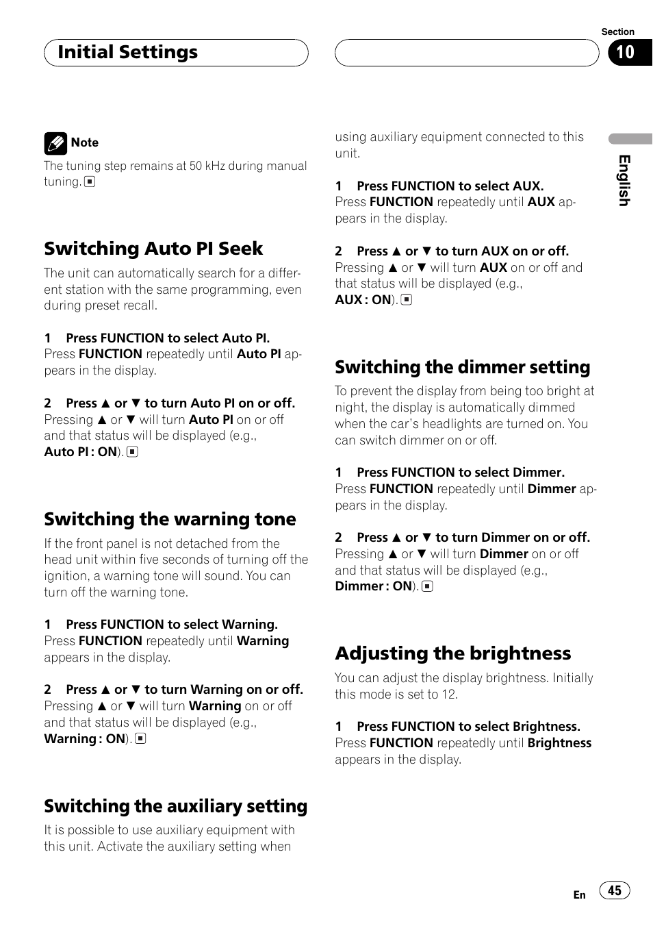 Switching auto pi seek, Switching the warning tone, Switching the auxiliary setting | Switching the dimmer setting, Adjusting the brightness, Initial settings | Pioneer DEH-P7500MP User Manual | Page 45 / 128