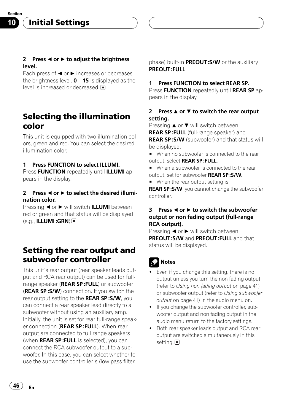 Controller 46, Selecting the illumination color, Setting the rear output and subwoofer controller | Initial settings | Pioneer DEH-P7500MP User Manual | Page 46 / 128