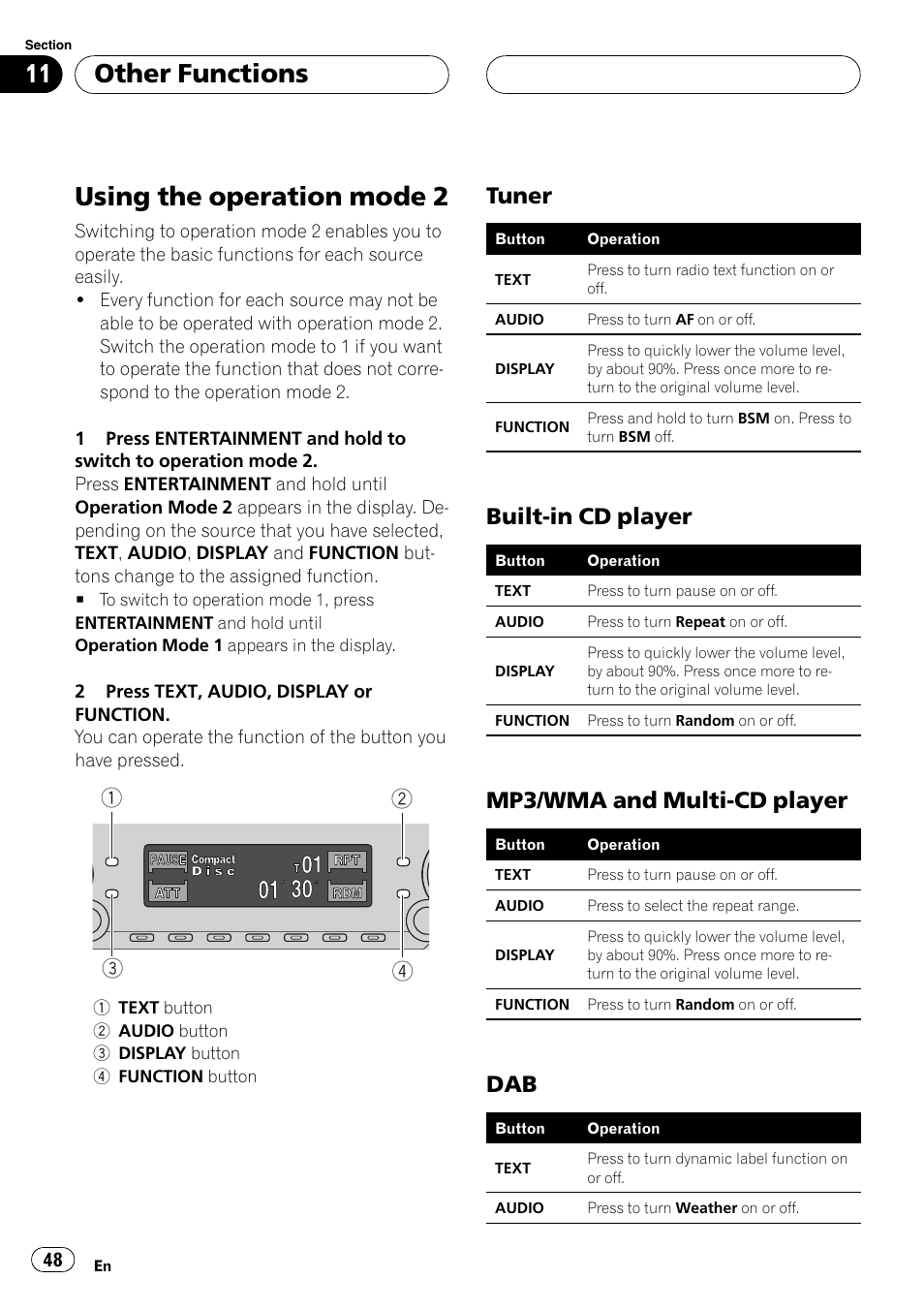 Other functions using the operation mode 2 48, Tuner 48, Built-in cd player 48 | Mp3/wma and multi-cd player 48, Dab 48, Using the operation mode 2, Other functions, Tuner, Built-in cd player, Mp3/wma and multi-cd player | Pioneer DEH-P7500MP User Manual | Page 48 / 128