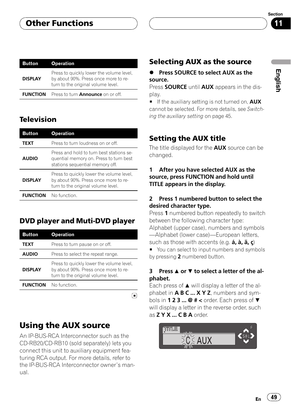 Television 49, Dvd player and muti-dvd player 49, Using the aux source 49 | Selecting aux as the source 49, Setting the aux title 49, Using the aux source, Other functions, Television, Dvd player and muti-dvd player, Selecting aux as the source | Pioneer DEH-P7500MP User Manual | Page 49 / 128