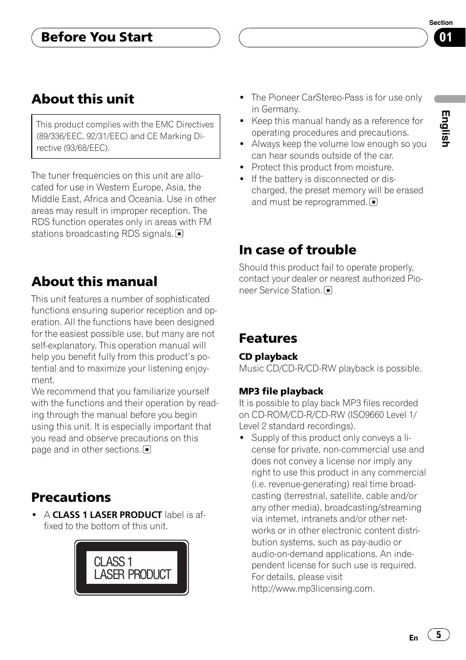 About this unit, About this manual, Precautions | Features, Before you start, Class 1 laser product | Pioneer DEH-P7500MP User Manual | Page 5 / 128