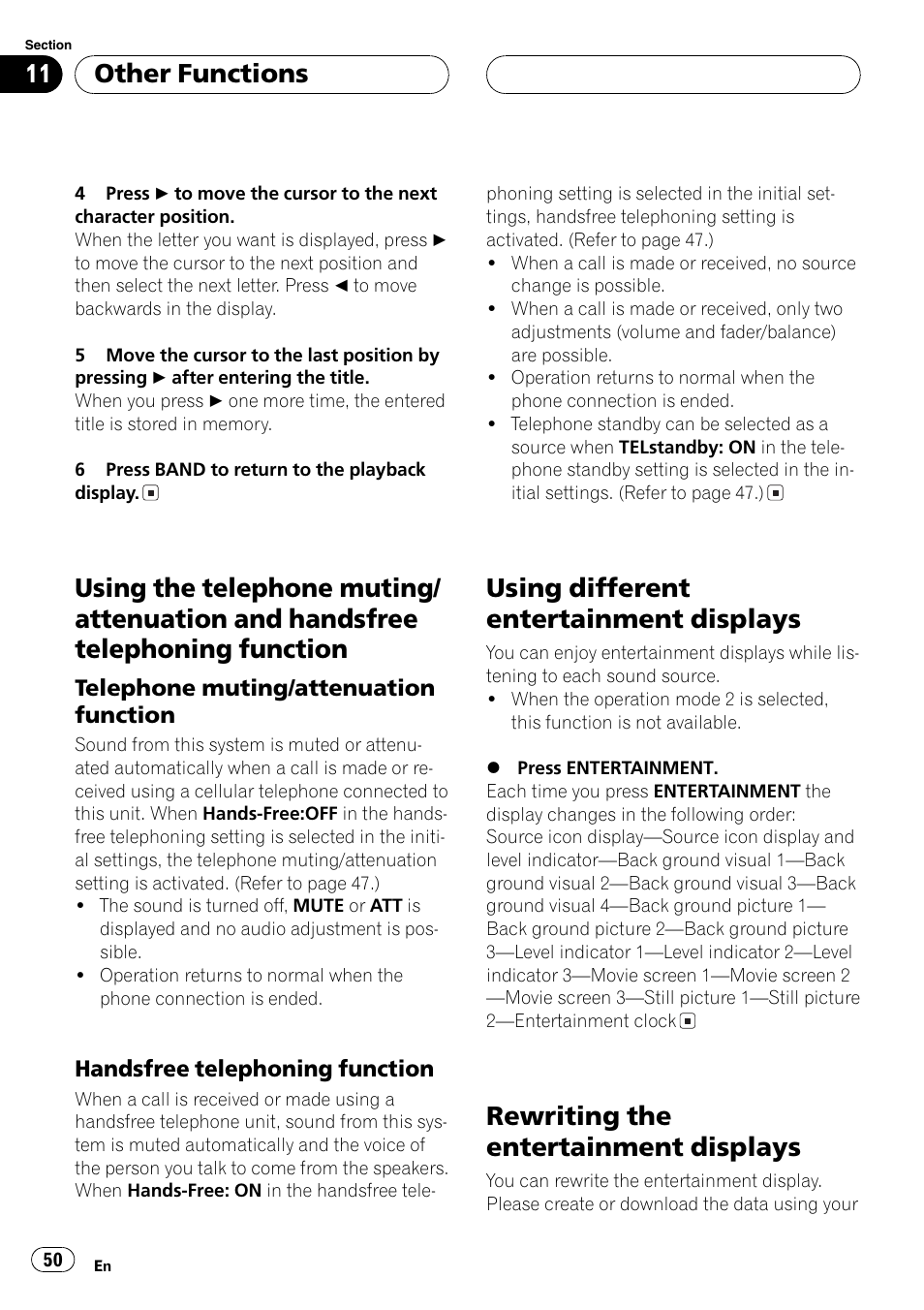 Using the telephone muting/attenuation and, Handsfree telephoning function 50, Telephone muting/attenuation | Function 50, Using different entertainment displays, Rewriting the entertainment displays, Other functions | Pioneer DEH-P7500MP User Manual | Page 50 / 128
