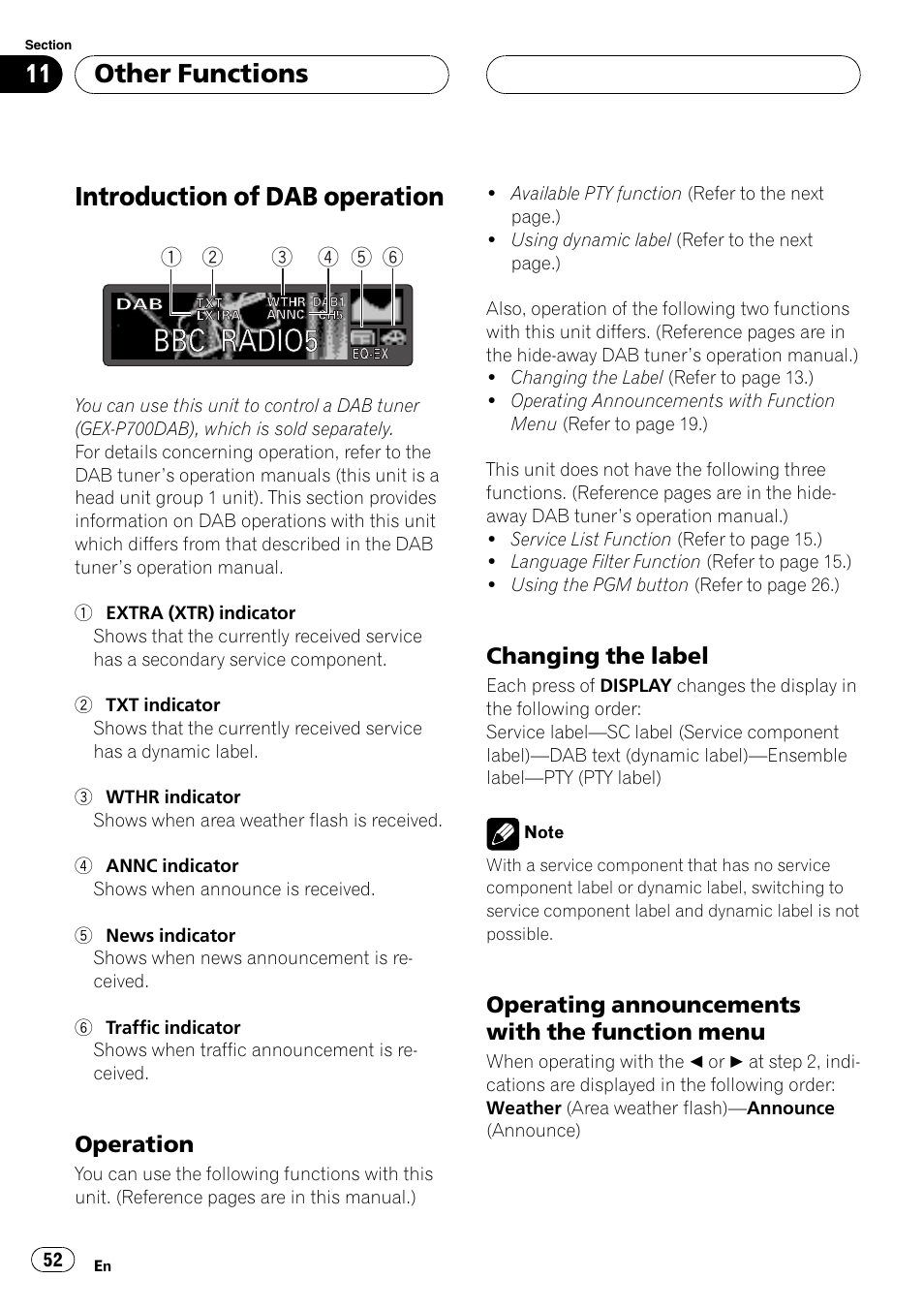 Introduction of dab operation 52, Operation 52, Changing the label 52 | Operating announcements with the, Function menu 52, Introduction of dab operation, Other functions | Pioneer DEH-P7500MP User Manual | Page 52 / 128