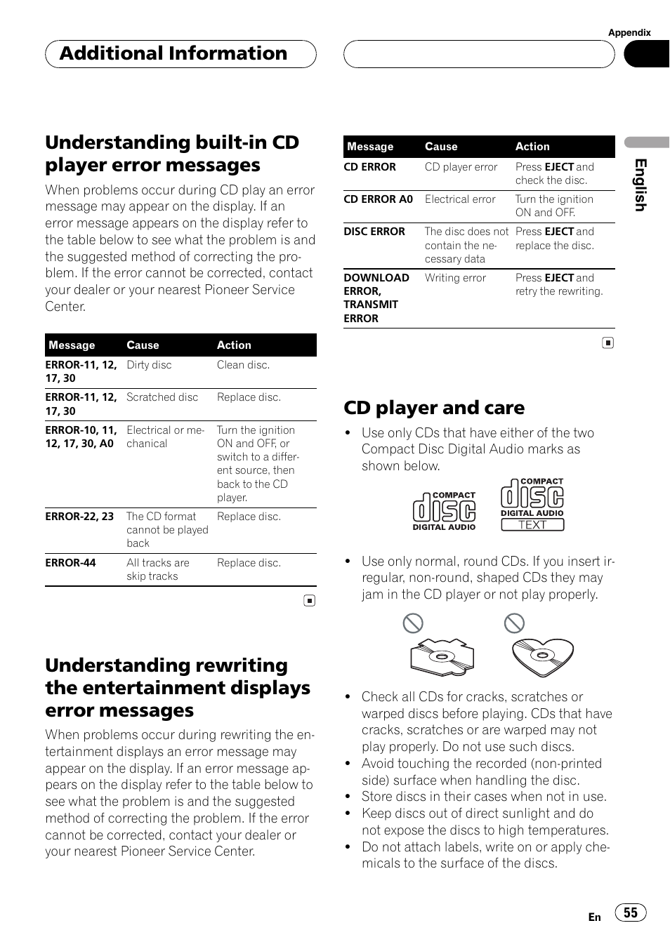 Messages 55, Understanding rewriting the entertainment, Displays error messages 55 | Cd player and care 55, Understanding built-in cd player error messages, Cd player and care, Additional information, English | Pioneer DEH-P7500MP User Manual | Page 55 / 128