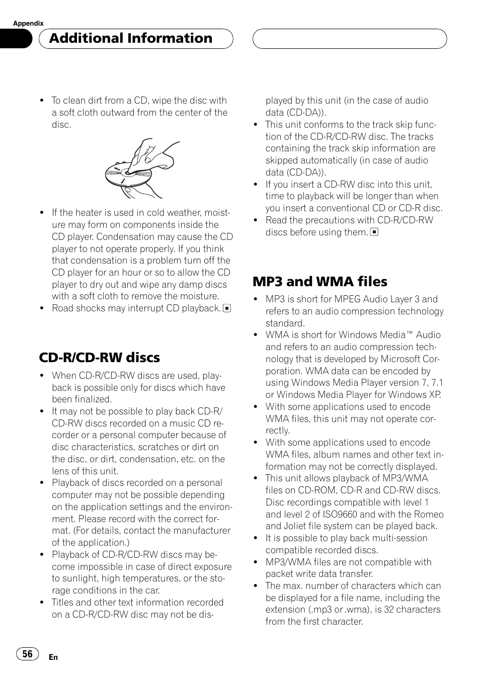 Cd-r/cd-rw discs 56 mp3 and wma files 56, Cd-r/cd-rw discs, Mp3 and wma files | Additional information | Pioneer DEH-P7500MP User Manual | Page 56 / 128