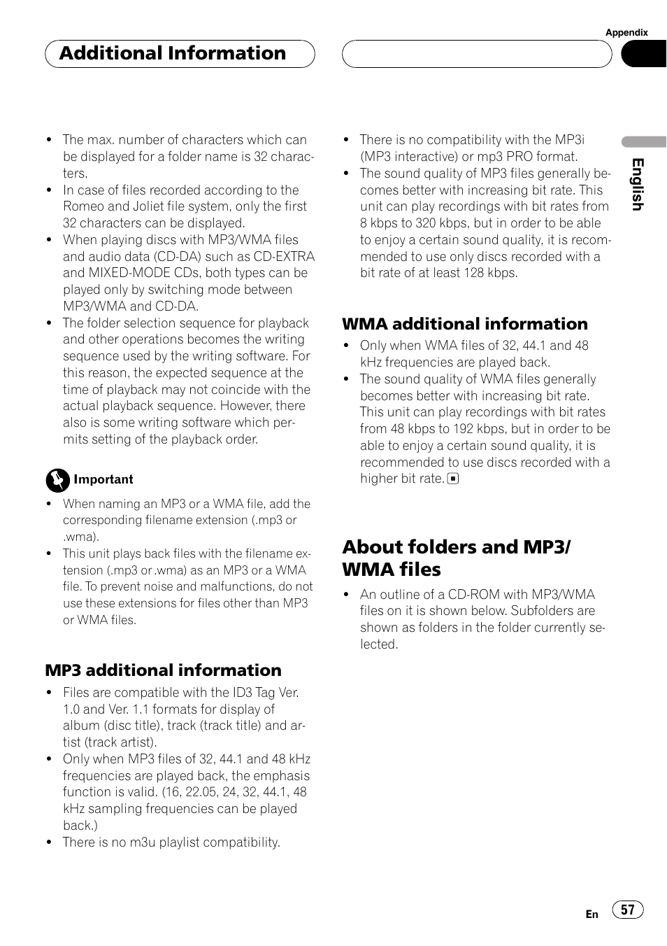 Mp3 additional information 57, Wma additional information 57, About folders and mp3/wma files 57 | About folders and mp3/ wma files, Additional information, Mp3 additional information, Wma additional information | Pioneer DEH-P7500MP User Manual | Page 57 / 128