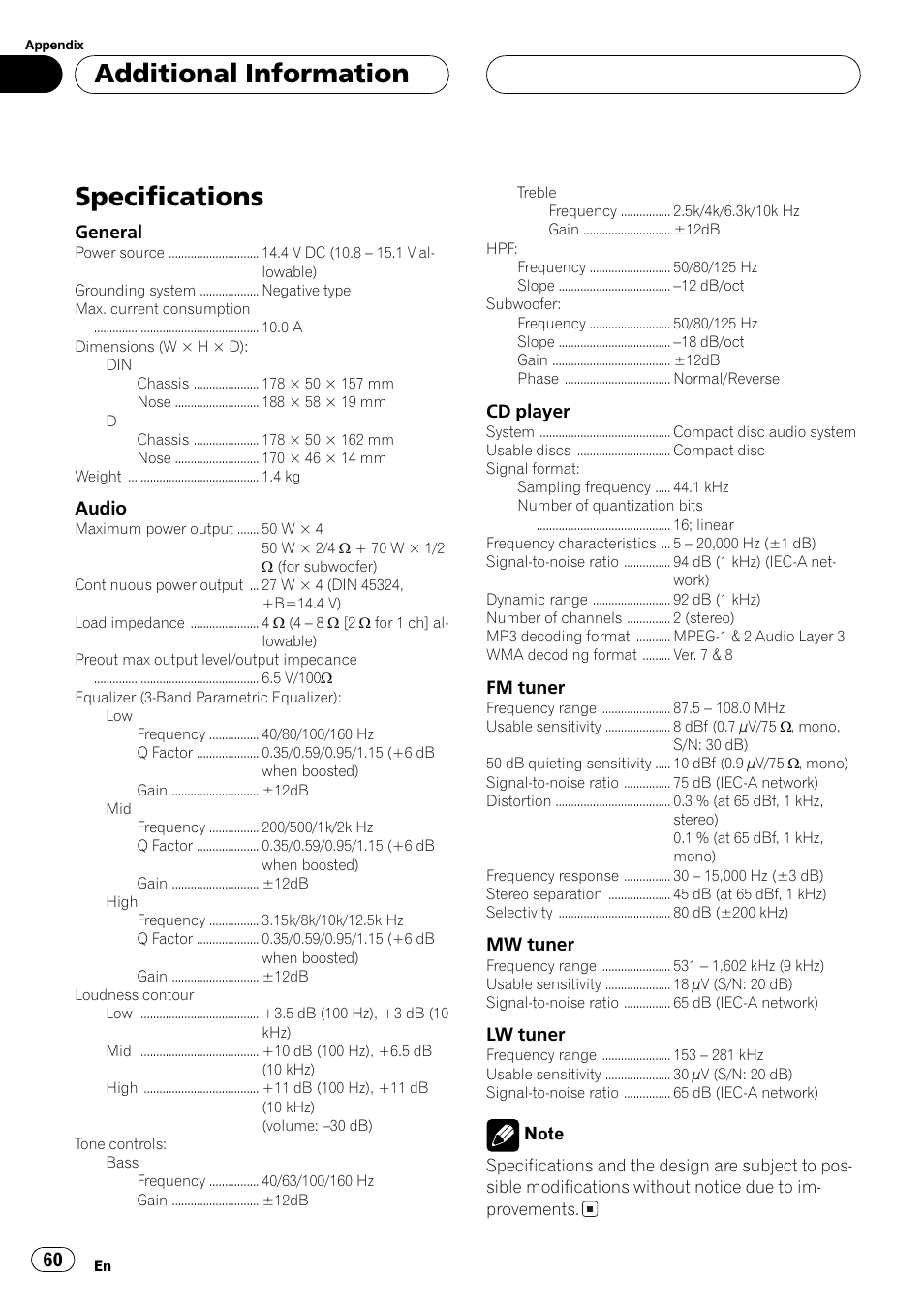 Specifications 60, Specifications, Additional information | Pioneer DEH-P7500MP User Manual | Page 60 / 128