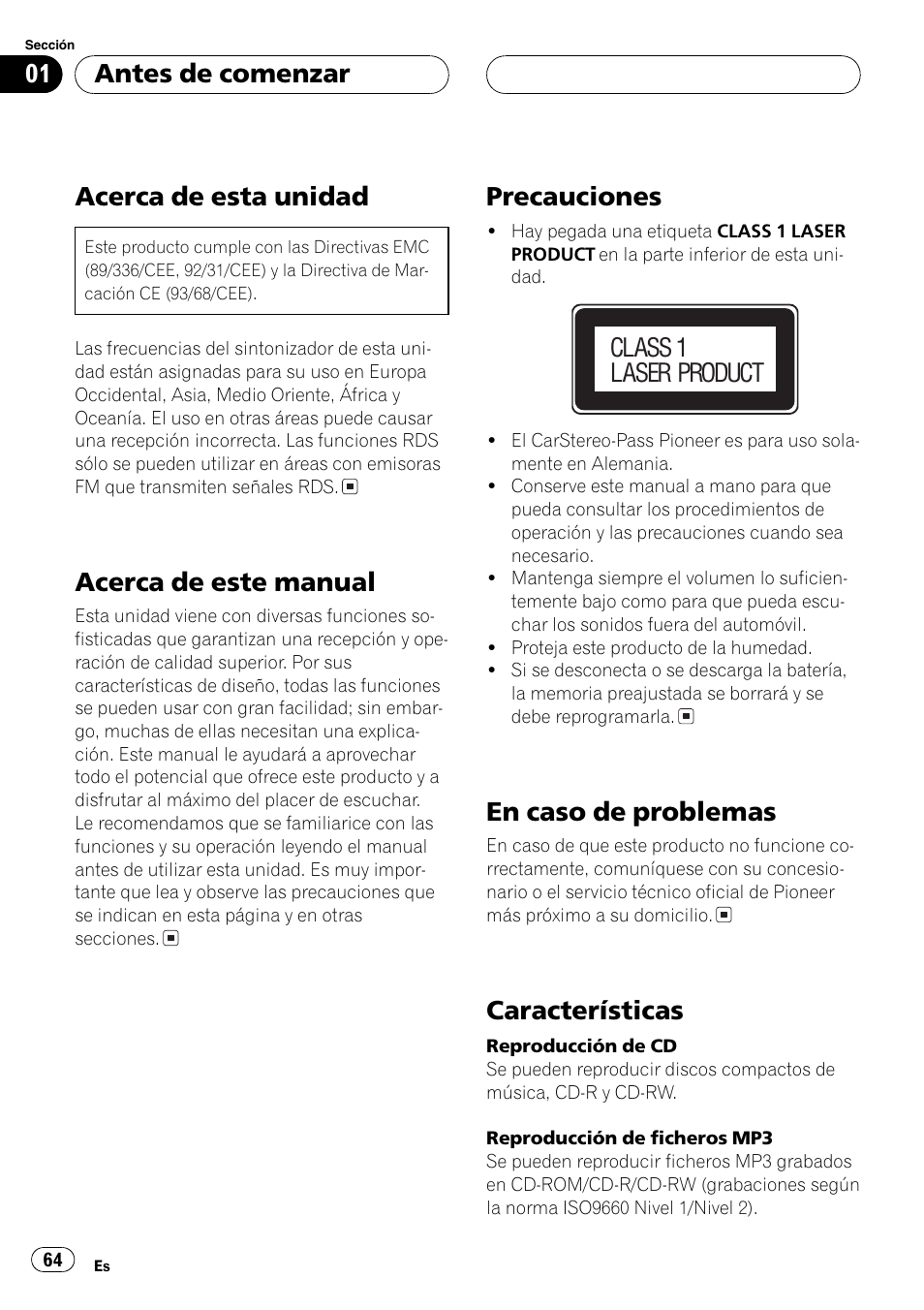 Antes de comenzar acerca de esta unidad 64, Acerca de este manual 64, Precauciones 64 | En caso de problemas 64, Características 64, Acerca de esta unidad, Acerca de este manual, Precauciones, En caso de problemas, Características | Pioneer DEH-P7500MP User Manual | Page 64 / 128
