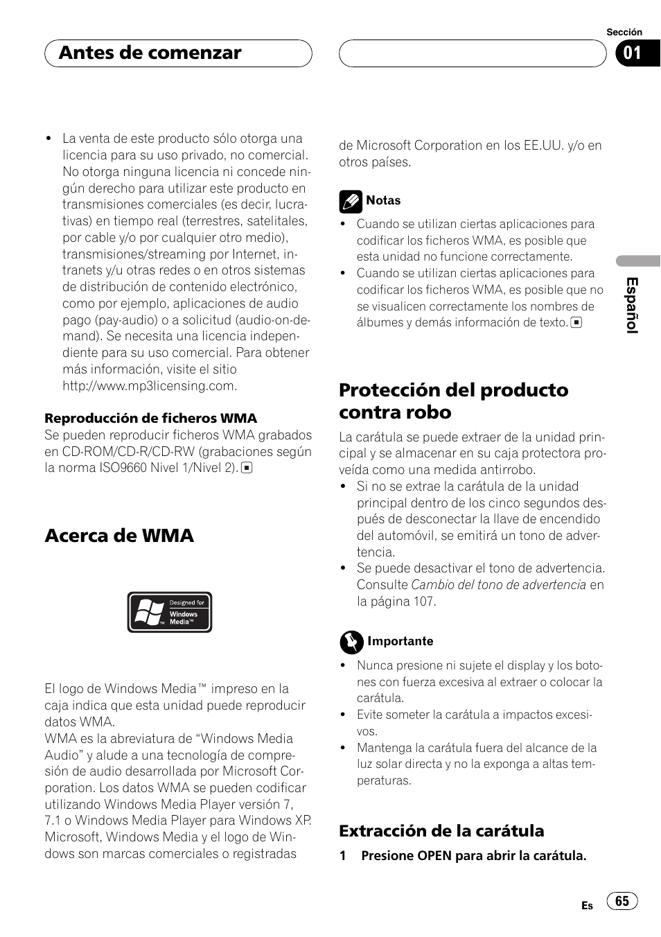 Acerca de wma 65, Protección del producto contra robo 65, Extracción de la carátula 65 | Acerca de wma, Protección del producto contra robo, Antes de comenzar, Extracción de la carátula | Pioneer DEH-P7500MP User Manual | Page 65 / 128