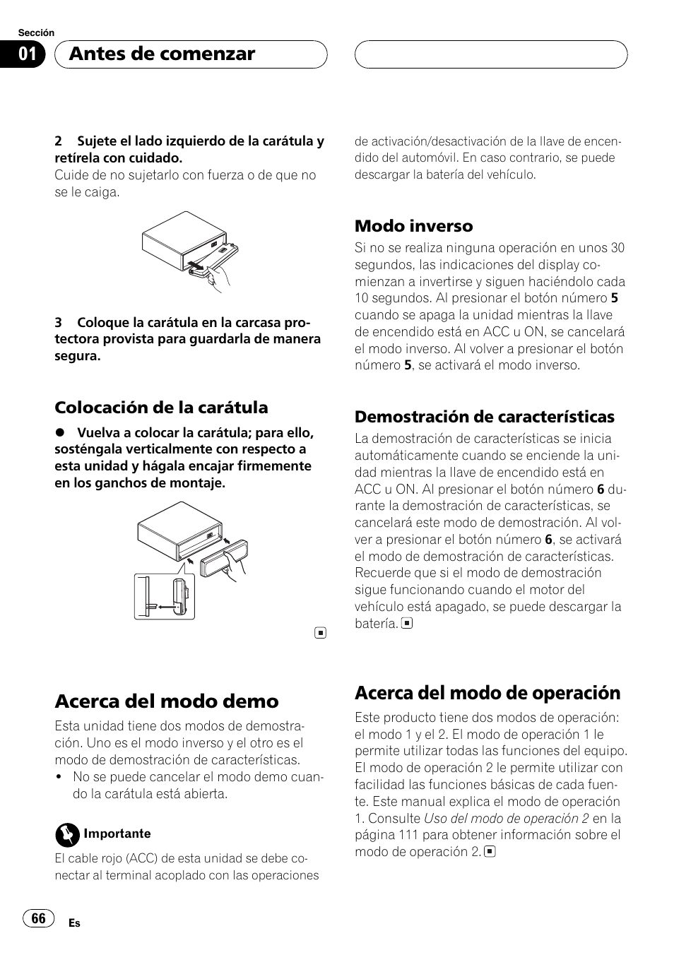 Colocación de la carátula 66, Acerca del modo demo 66, Modo inverso 66 | Demostración de características 66, Acerca del modo de operación 66, Acerca del modo demo, Acerca del modo de operación, Antes de comenzar | Pioneer DEH-P7500MP User Manual | Page 66 / 128