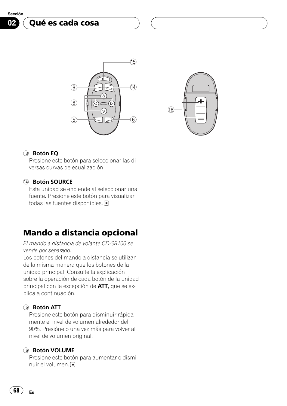 Mando a distancia opcional 68, Mando a distancia opcional, Qué es cada cosa | Pioneer DEH-P7500MP User Manual | Page 68 / 128