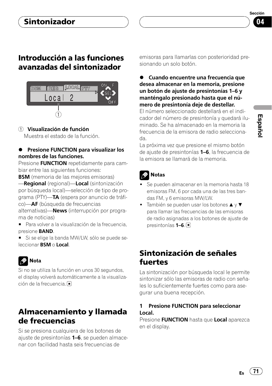 Introducción a las funciones avanzadas del, Sintonizador 71, Almacenamiento y llamada de | Frecuencias 71, Sintonización de señales fuertes 71, Almacenamiento y llamada de frecuencias, Sintonización de señales fuertes, Sintonizador | Pioneer DEH-P7500MP User Manual | Page 71 / 128