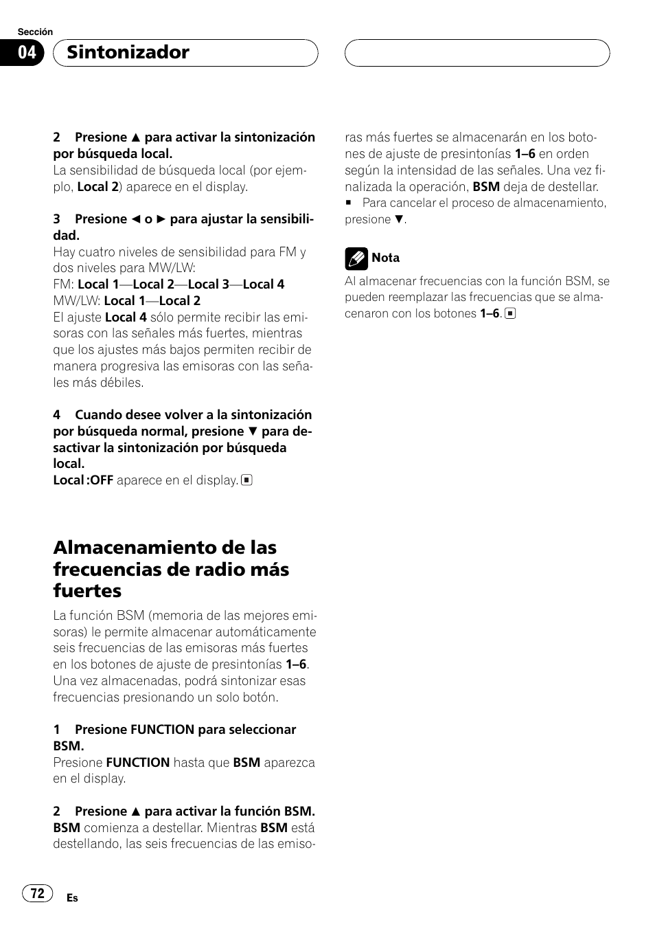 Almacenamiento de las frecuencias de radio, Más fuertes 72, Sintonizador | Pioneer DEH-P7500MP User Manual | Page 72 / 128