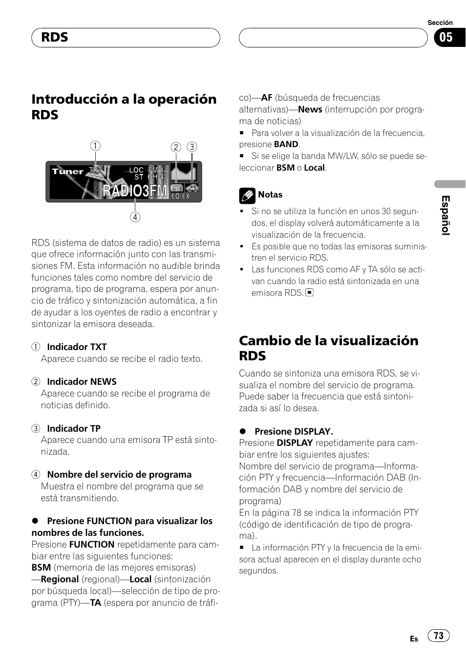 Introducción a la operación rds 73, Cambio de la visualización rds 73, Introducción a la operación rds | Cambio de la visualización rds | Pioneer DEH-P7500MP User Manual | Page 73 / 128