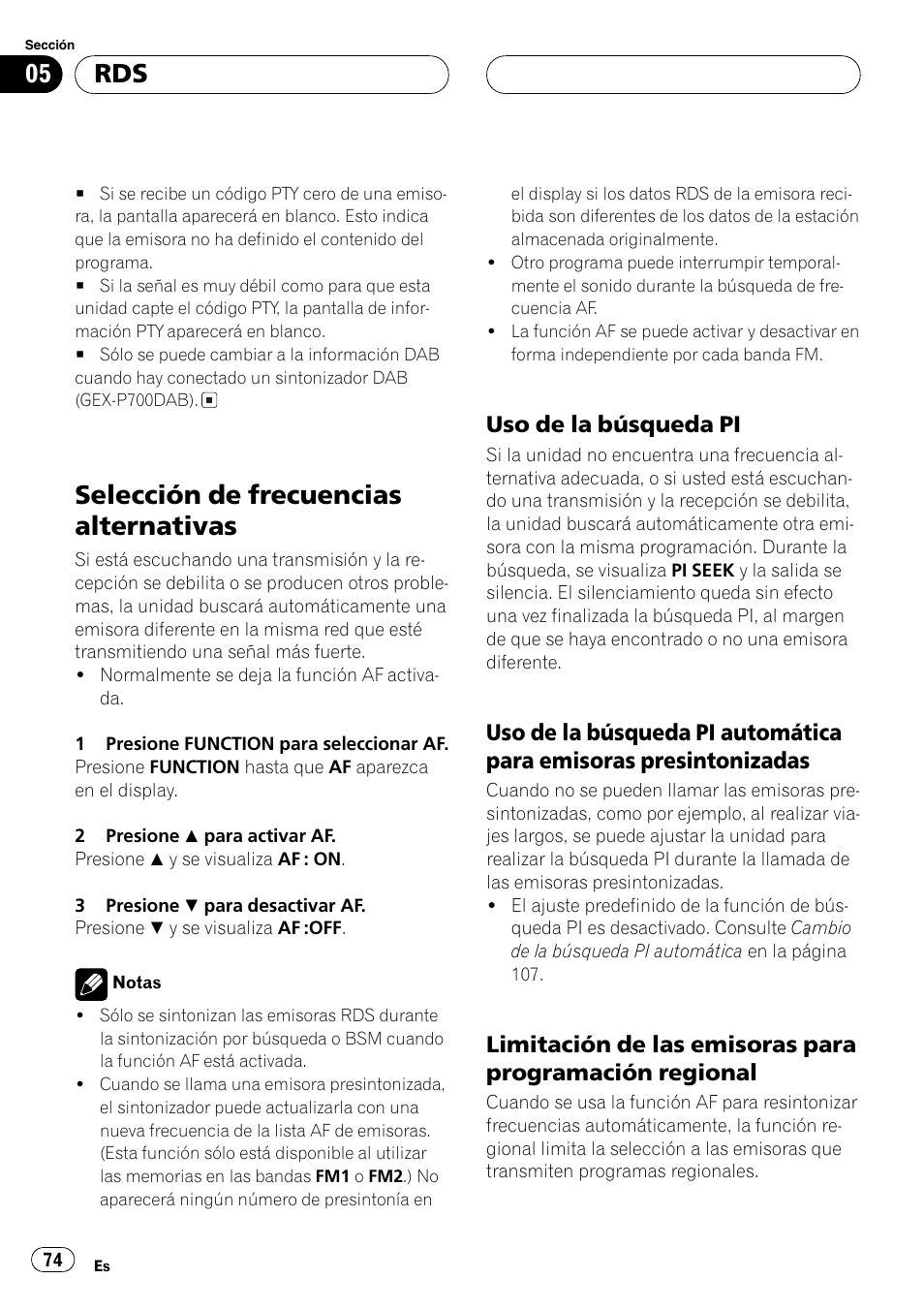 Selección de frecuencias alternativas 74, Uso de la búsqueda pi 74, Uso de la búsqueda pi automática | Para emisoras presintonizadas 74, Limitación de las emisoras para, Programación regional 74, Selección de frecuencias alternativas, Uso de la búsqueda pi | Pioneer DEH-P7500MP User Manual | Page 74 / 128