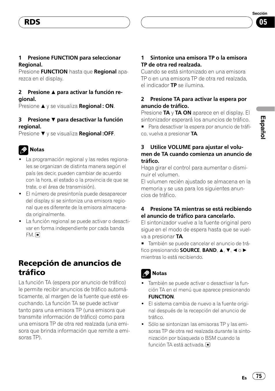 Recepción de anuncios de tráfico 75, Recepción de anuncios de tráfico | Pioneer DEH-P7500MP User Manual | Page 75 / 128