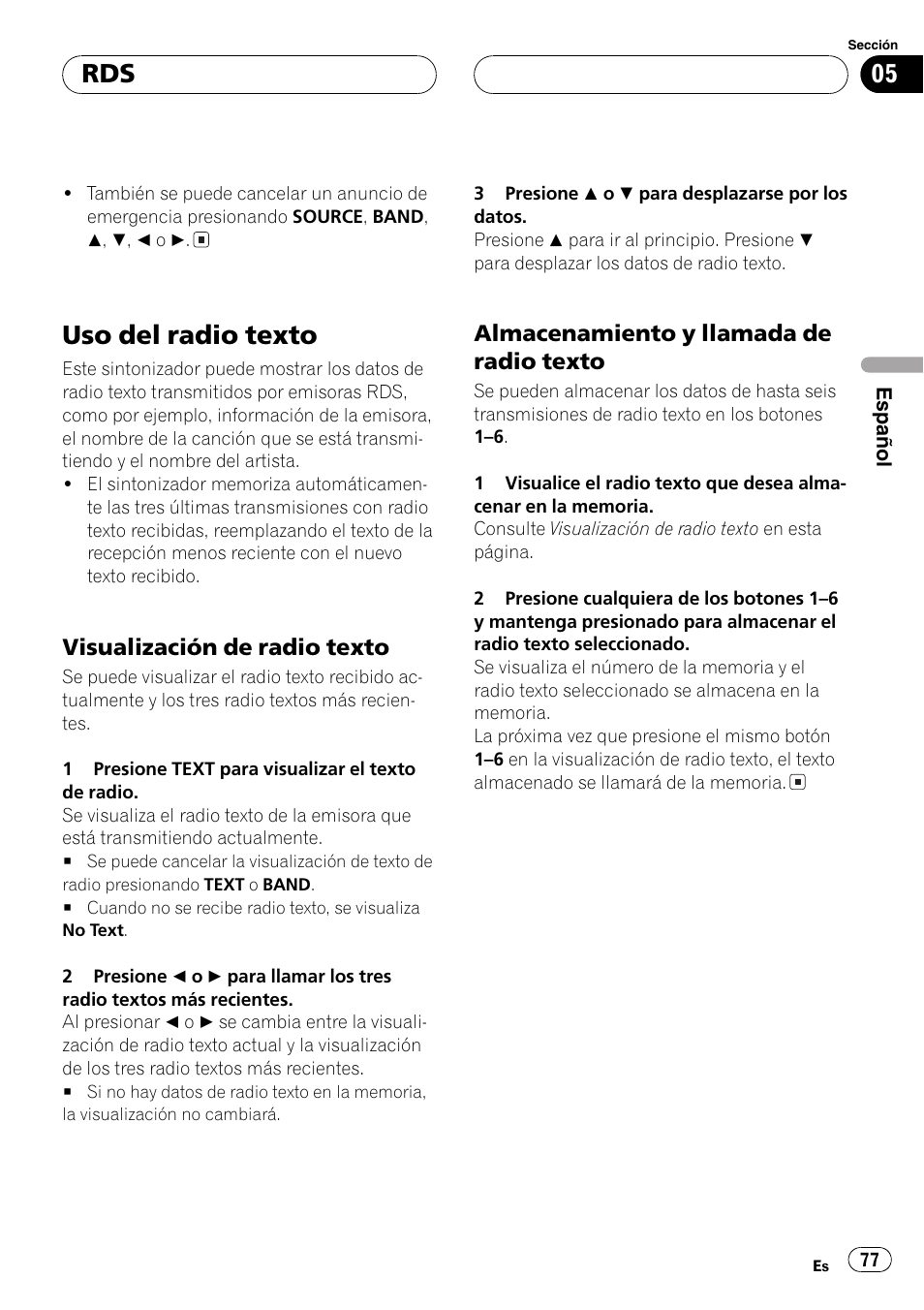 Uso del radio texto 77, Visualización de radio texto 77, Almacenamiento y llamada de radio | Texto 77, Uso del radio texto, Visualización de radio texto, Almacenamiento y llamada de radio texto | Pioneer DEH-P7500MP User Manual | Page 77 / 128