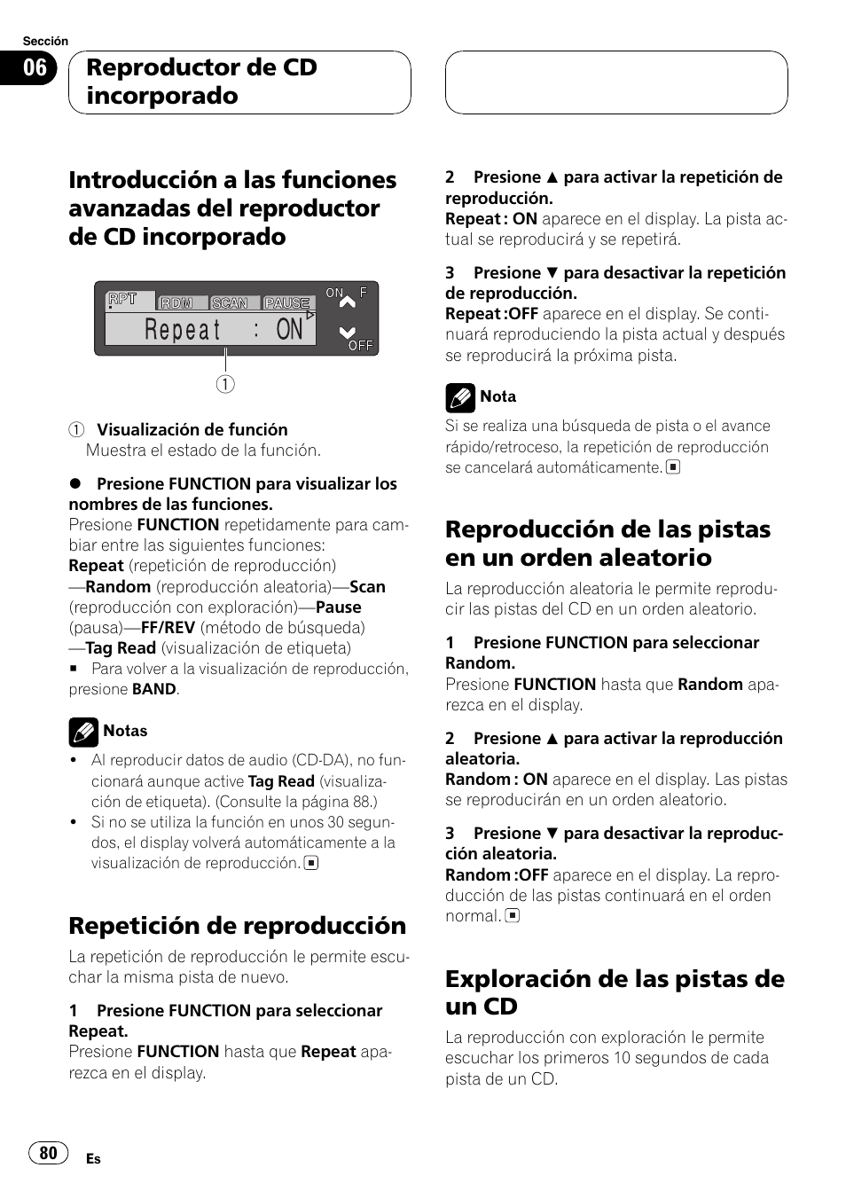 Introducción a las funciones avanzadas del, Reproductor de cd incorporado 80, Repetición de reproducción 80 | Reproducción de las pistas en un orden, Aleatorio 80, Exploración de las pistas de un cd 80, Guiente, Repetición de reproducción, Reproducción de las pistas en un orden aleatorio, Exploración de las pistas de un cd | Pioneer DEH-P7500MP User Manual | Page 80 / 128