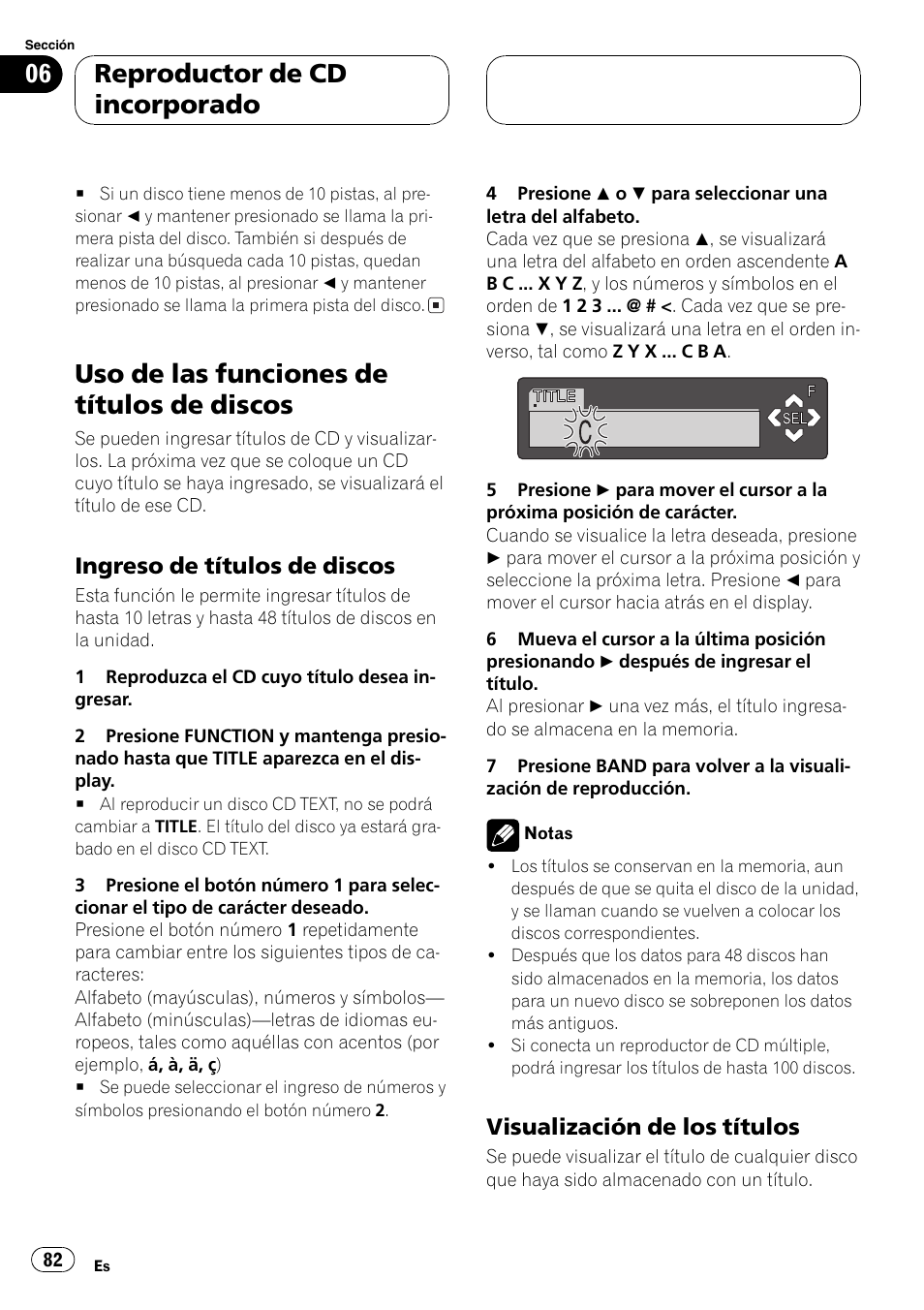 Uso de las funciones de títulos de discos 82, Ingreso de títulos de discos 82, Visualización de los títulos 82 | Uso de las funciones de títulos de discos, Reproductor de cd incorporado, Ingreso de títulos de discos, Visualización de los títulos | Pioneer DEH-P7500MP User Manual | Page 82 / 128