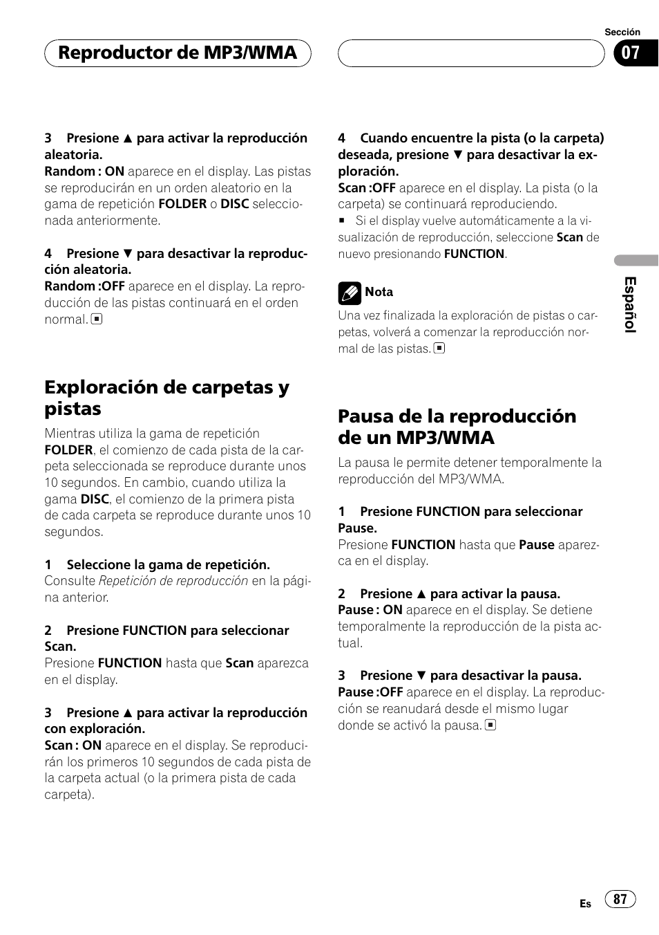 Exploración de carpetas y pistas 87, Pausa de la reproducción de un mp3, Wma 87 | Exploración de carpetas y pistas, Pausa de la reproducción de un mp3/wma, Reproductor de mp3/wma | Pioneer DEH-P7500MP User Manual | Page 87 / 128
