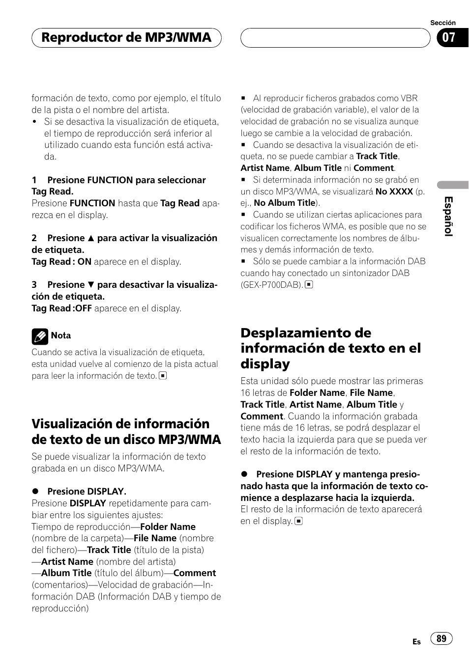 Visualización de información de texto de un, Disco mp3/wma 89, Desplazamiento de información de texto en | El display 89, Reproductor de mp3/wma | Pioneer DEH-P7500MP User Manual | Page 89 / 128