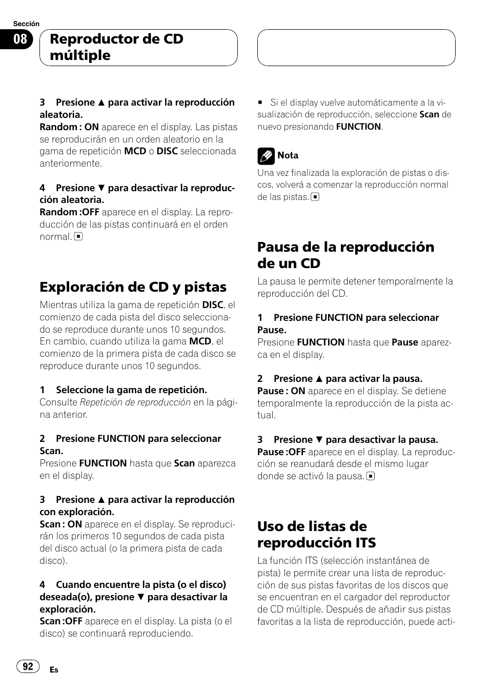 Exploración de cd y pistas 92, Pausa de la reproducción de un cd 92, Uso de listas de reproducción its 92 | Exploración de cd y pistas, Pausa de la reproducción de un cd, Uso de listas de reproducción its, Reproductor de cd múltiple | Pioneer DEH-P7500MP User Manual | Page 92 / 128