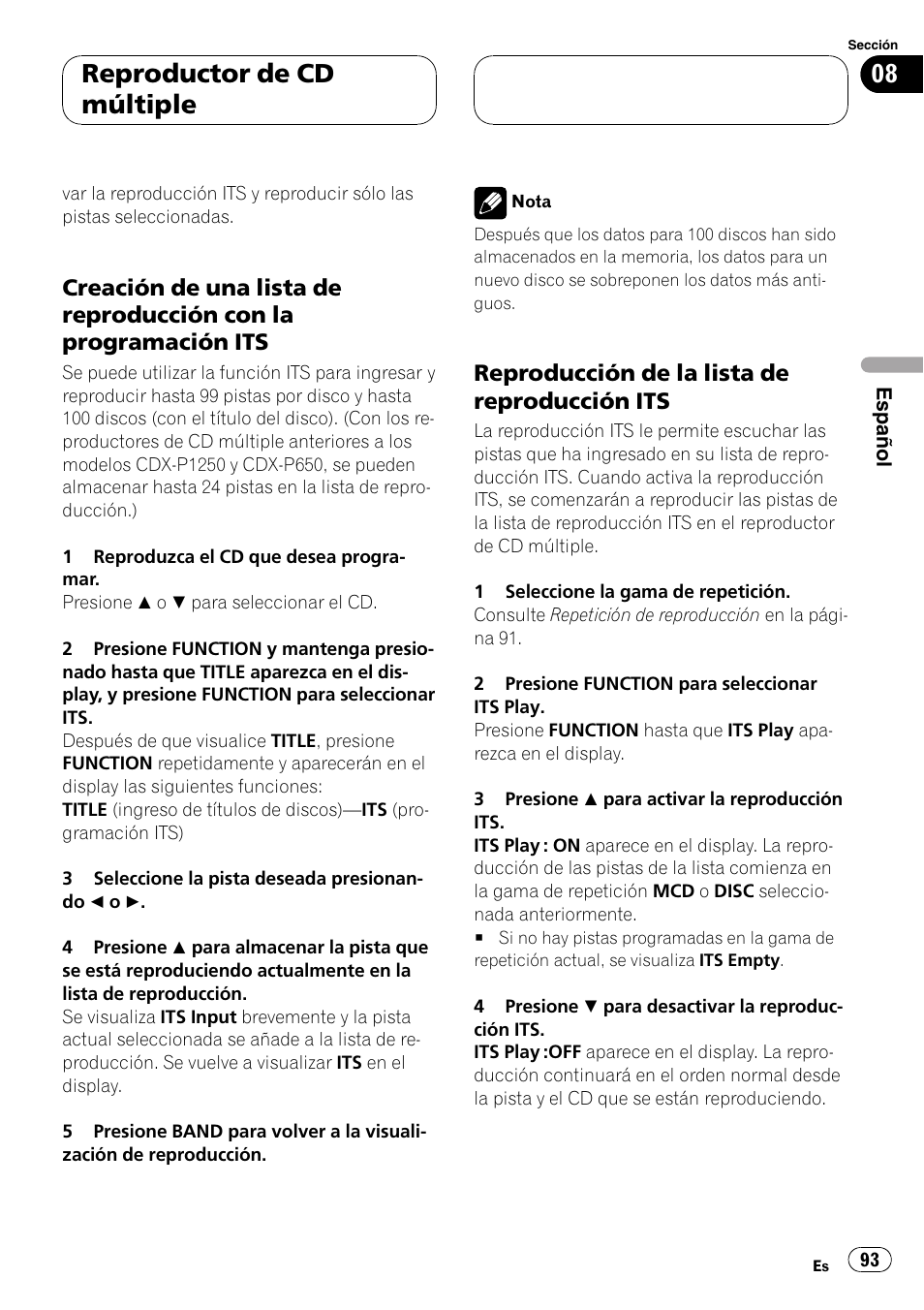 Creación de una lista de reproducción, Con la programación its 93, Reproducción de la lista de | Reproducción its 93, Reproductor de cd múltiple, Reproducción de la lista de reproducción its | Pioneer DEH-P7500MP User Manual | Page 93 / 128