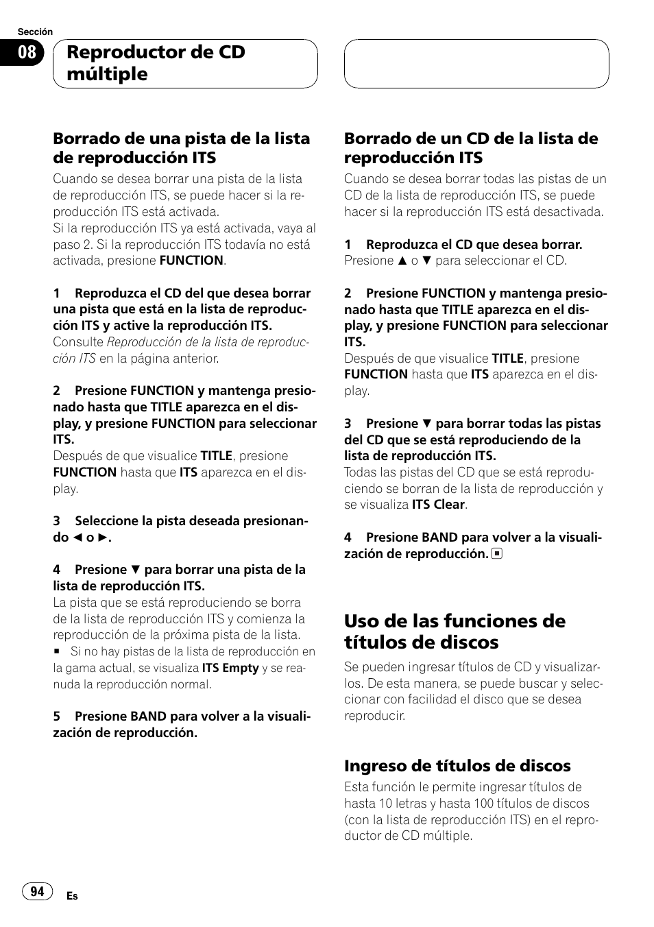 Borrado de una pista de la lista de, Reproducción its 94, Borrado de un cd de la lista de | Uso de las funciones de títulos de discos 94, Ingreso de títulos de discos 94, Uso de las funciones de títulos de discos, Reproductor de cd múltiple | Pioneer DEH-P7500MP User Manual | Page 94 / 128