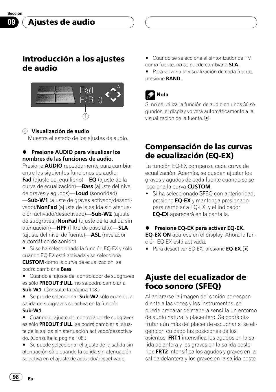 Ajustes de audio, Introducción a los ajustes de audio 98, Compensación de las curvas de ecualización | Eq-ex) 98, Ajuste del ecualizador de foco sonoro, Sfeq) 98, Introducción a los ajustes de audio, Compensación de las curvas de ecualización (eq-ex), Ajuste del ecualizador de foco sonoro (sfeq) | Pioneer DEH-P7500MP User Manual | Page 98 / 128