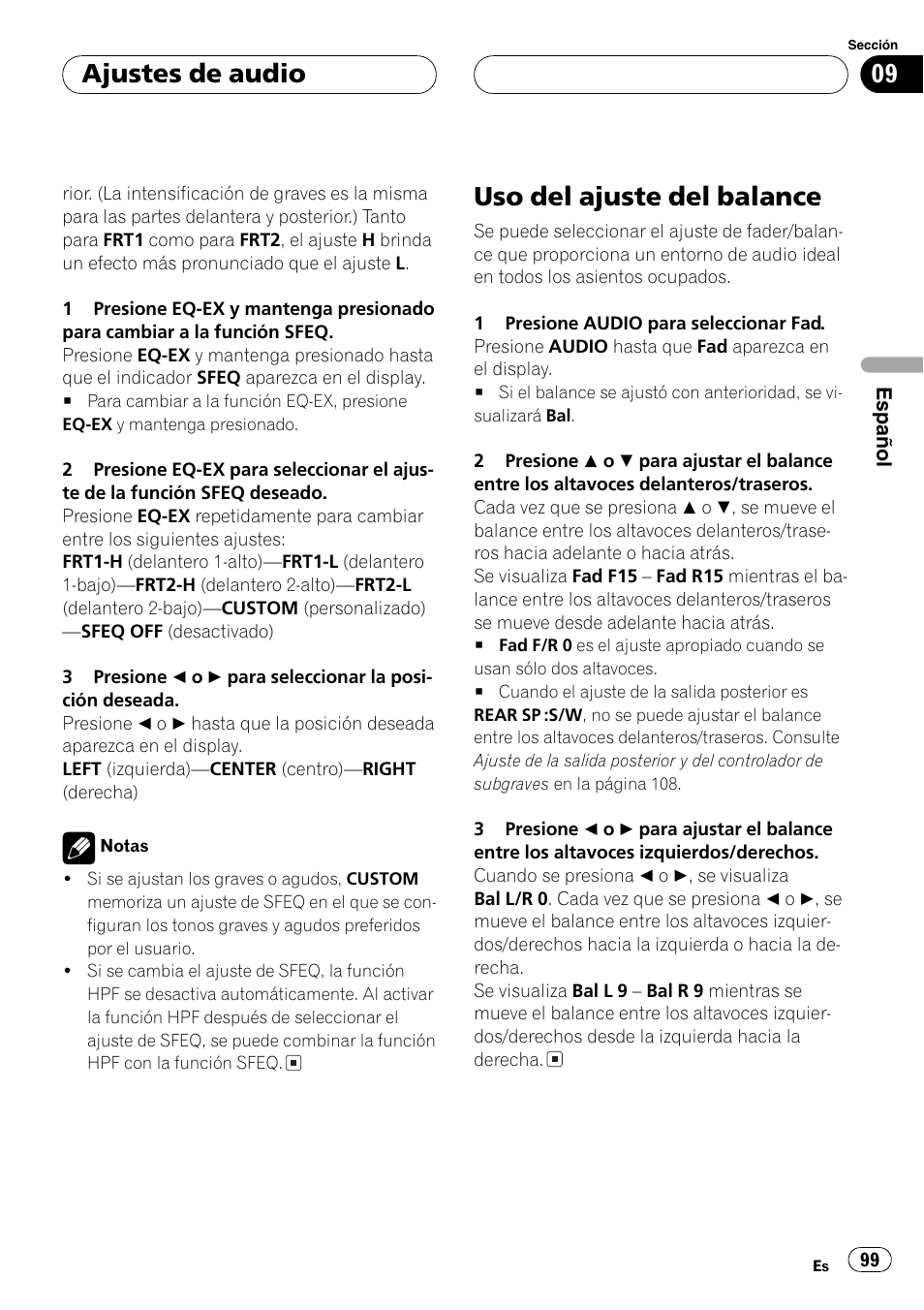 Uso del ajuste del balance 99, Uso del ajuste del balance, Ajustes de audio | Pioneer DEH-P7500MP User Manual | Page 99 / 128