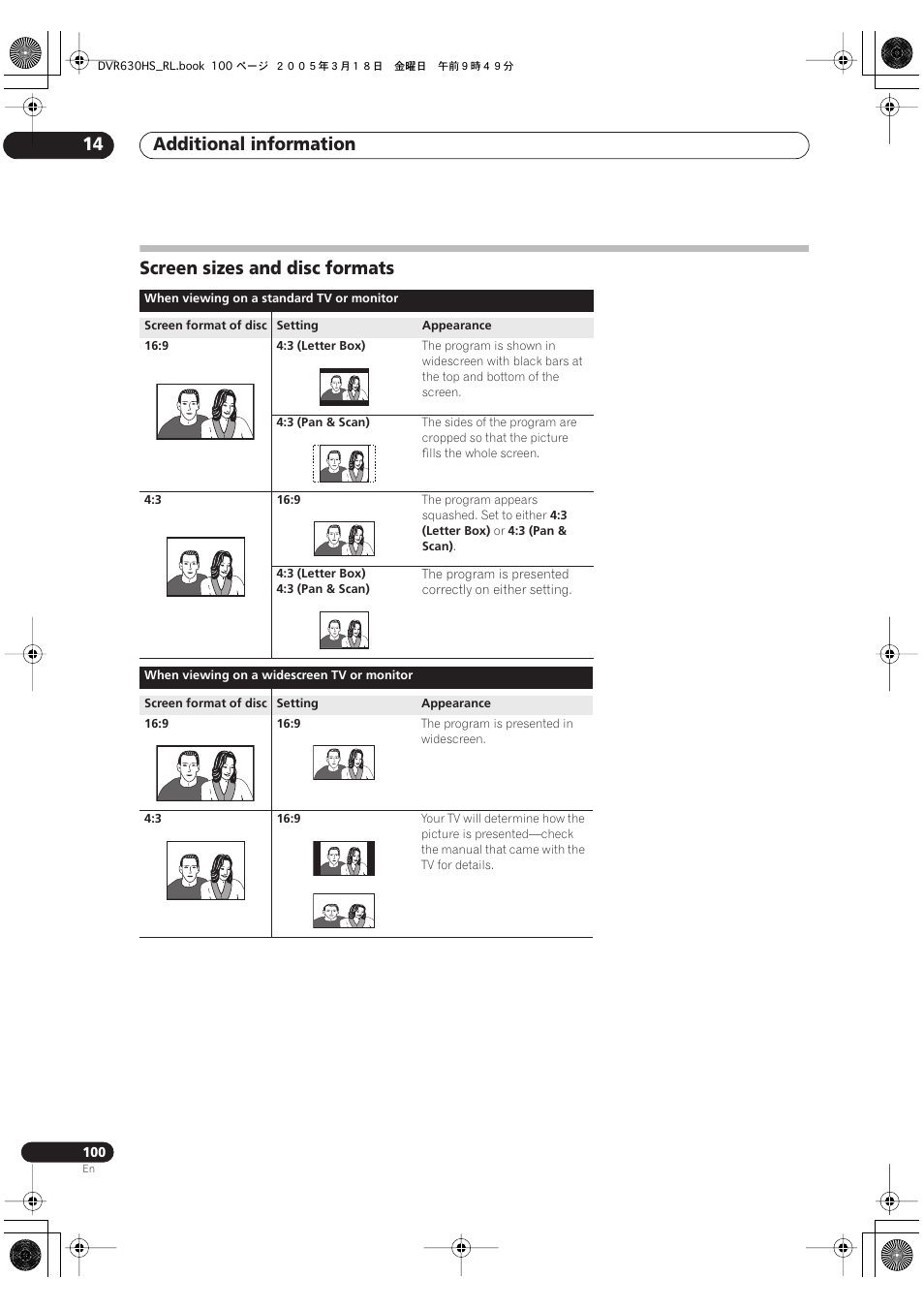 Screen sizes and disc formats, Additional information 14 | Pioneer DVR-630H-S User Manual | Page 100 / 118