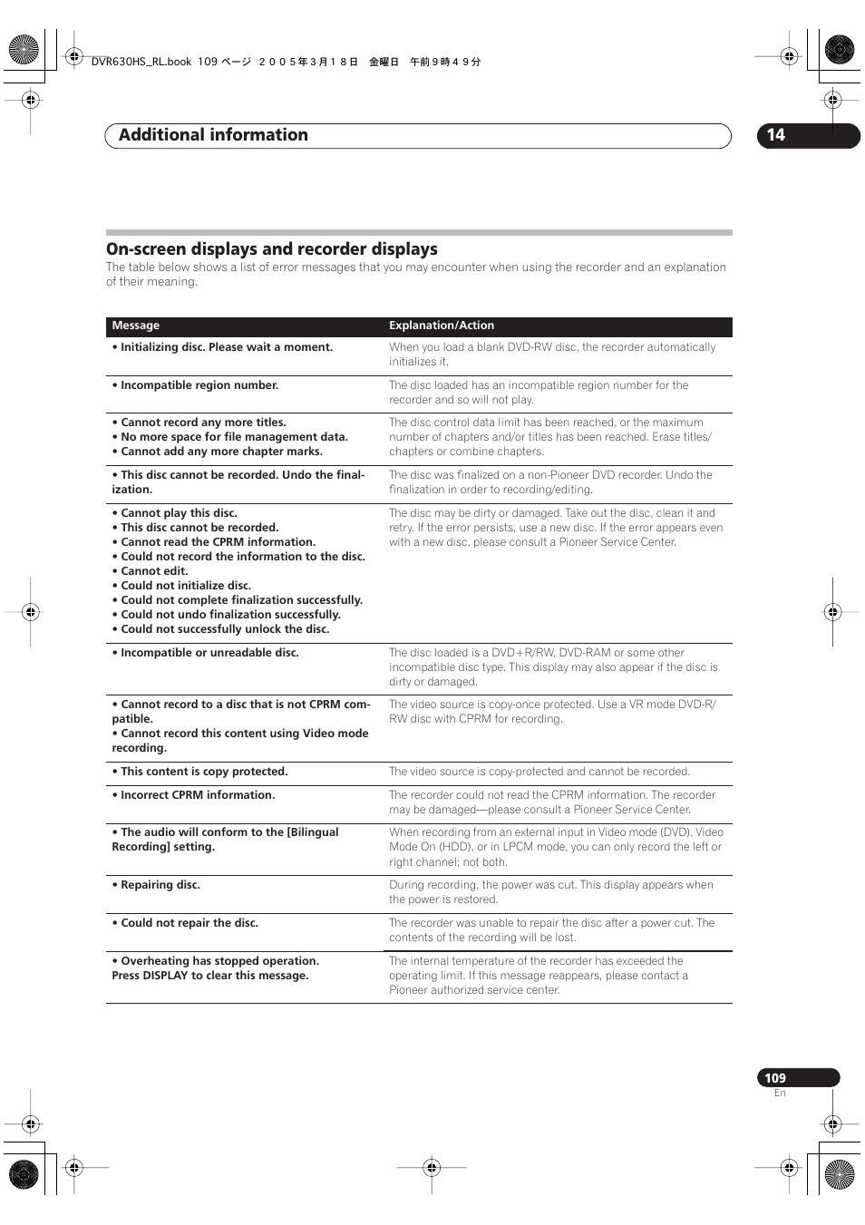 On-screen displays and recorder displays, Additional information 14 | Pioneer DVR-630H-S User Manual | Page 109 / 118