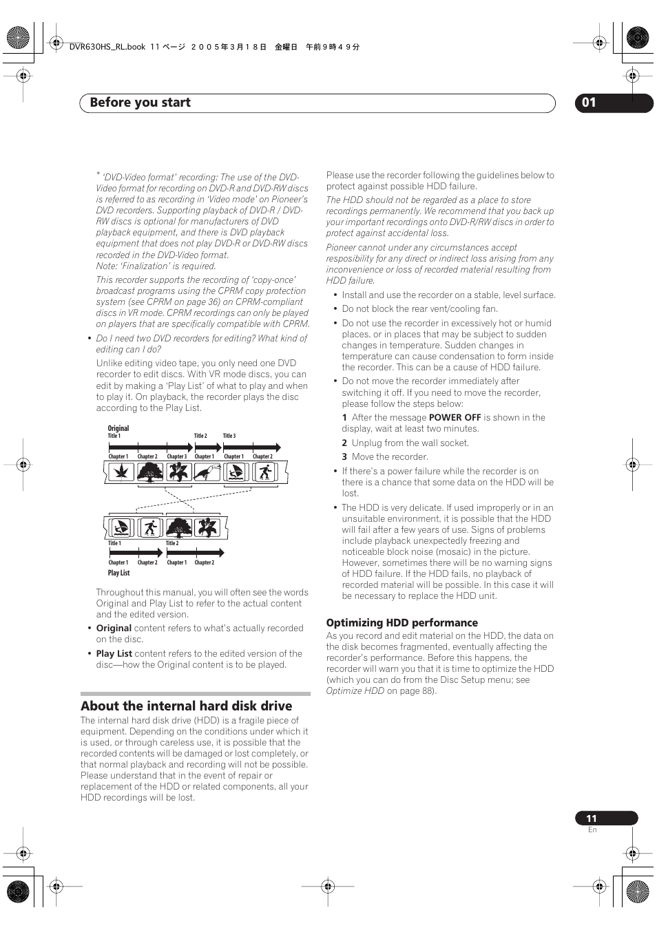 About the internal hard disk drive, Before you start 01 | Pioneer DVR-630H-S User Manual | Page 11 / 118