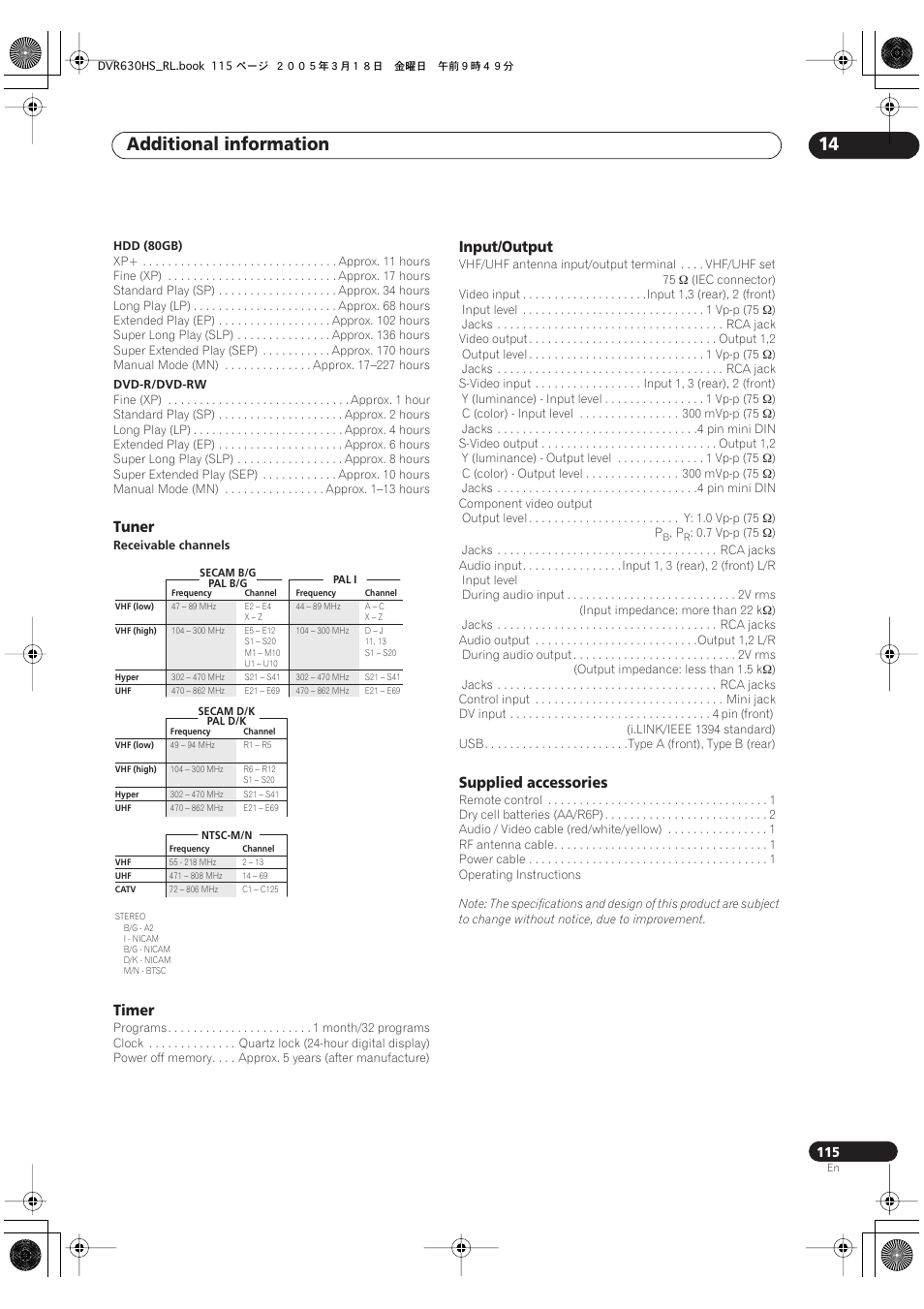 Additional information 14, Tuner, Timer | Input/output, Supplied accessories | Pioneer DVR-630H-S User Manual | Page 115 / 118