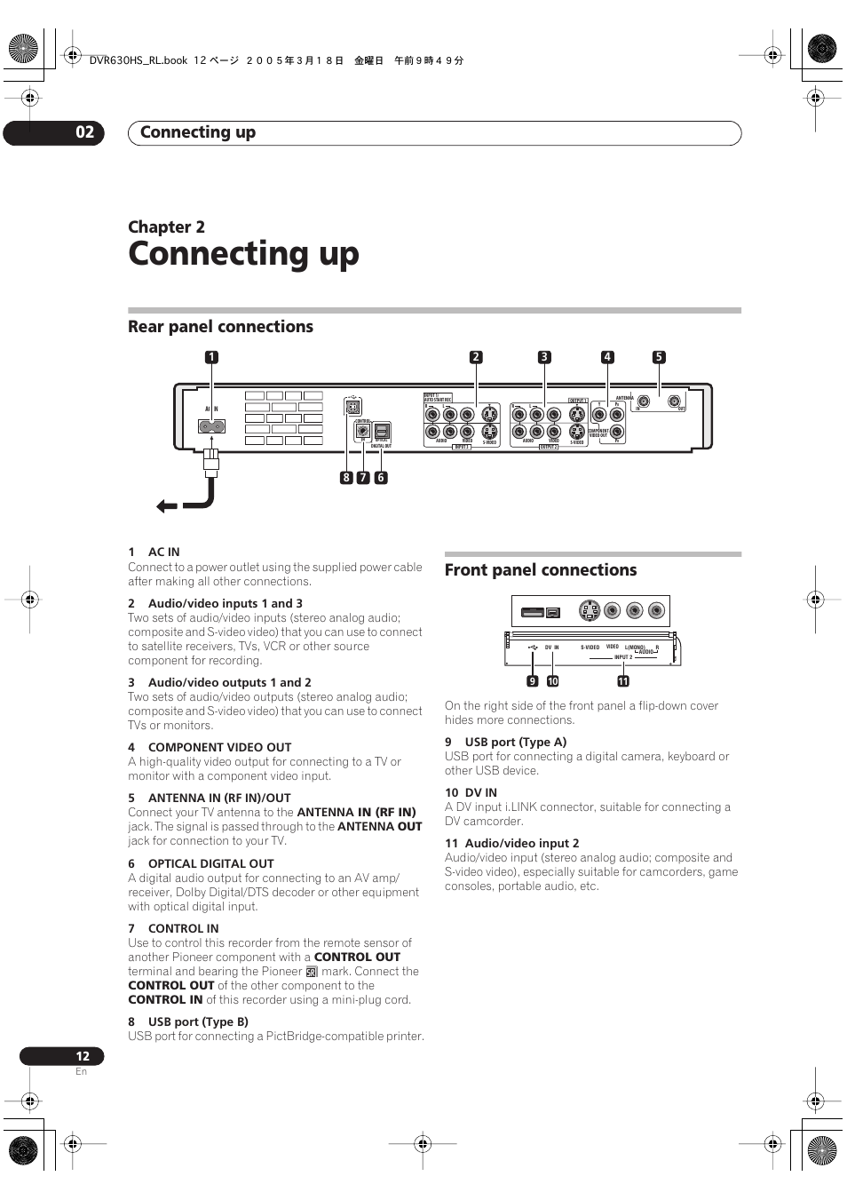 02 connecting up, Rear panel connections, Front panel connections | Connecting up, Connecting up 02, Chapter 2 | Pioneer DVR-630H-S User Manual | Page 12 / 118