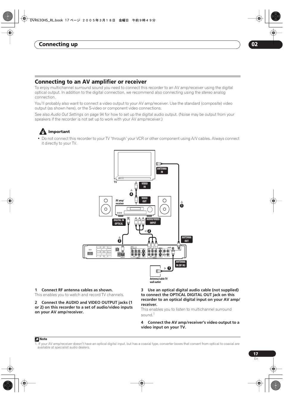 Connecting to an av amplifier or receiver, Connecting up 02 | Pioneer DVR-630H-S User Manual | Page 17 / 118