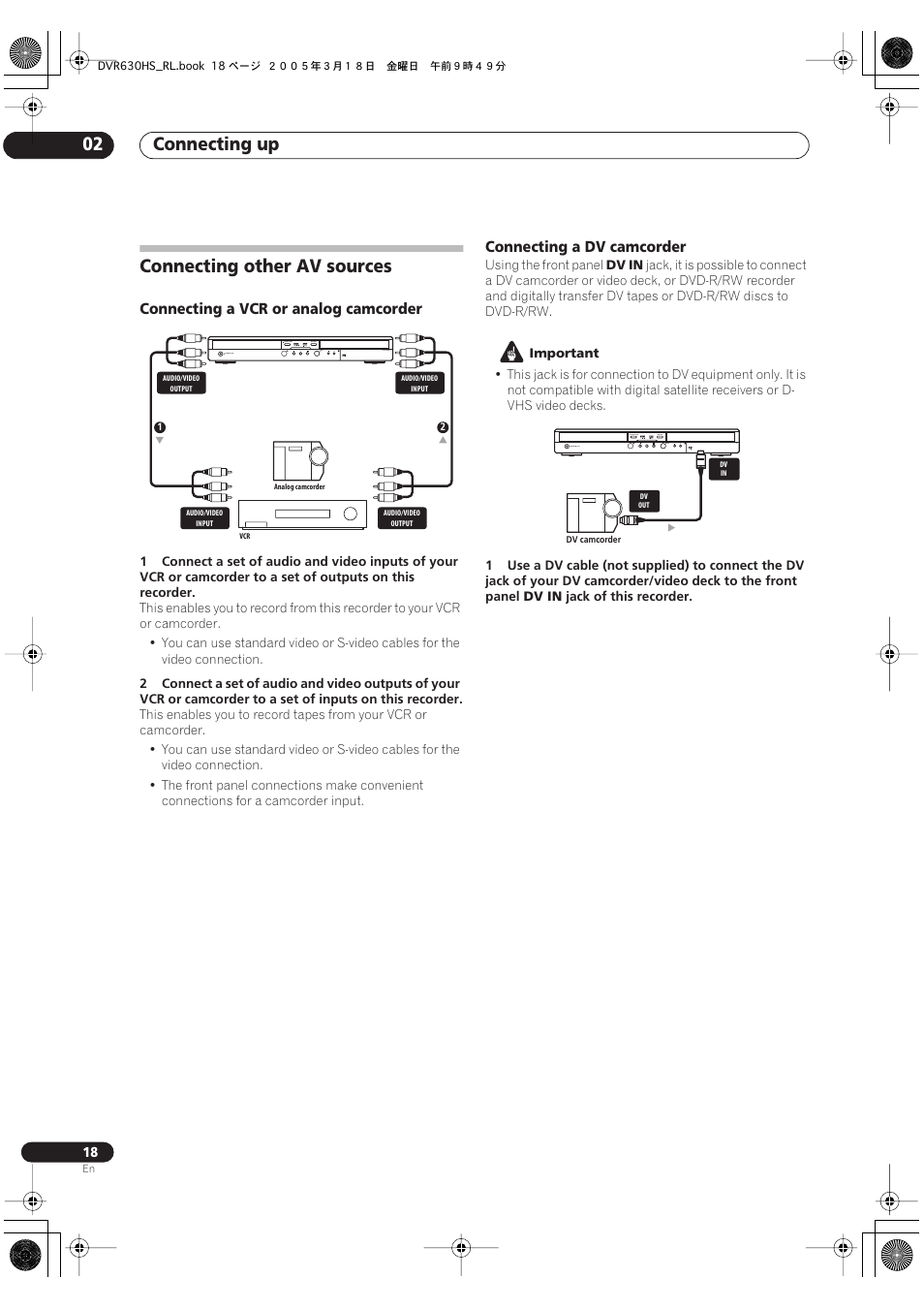 Connecting other av sources, Connecting up 02 | Pioneer DVR-630H-S User Manual | Page 18 / 118