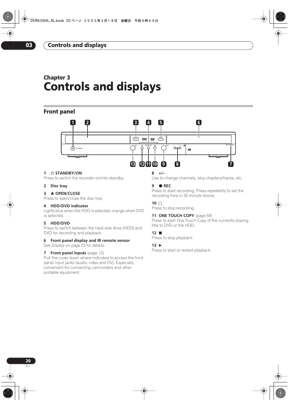 03 controls and displays, Front panel, Controls and displays | Controls and displays 03, Chapter 3 | Pioneer DVR-630H-S User Manual | Page 20 / 118