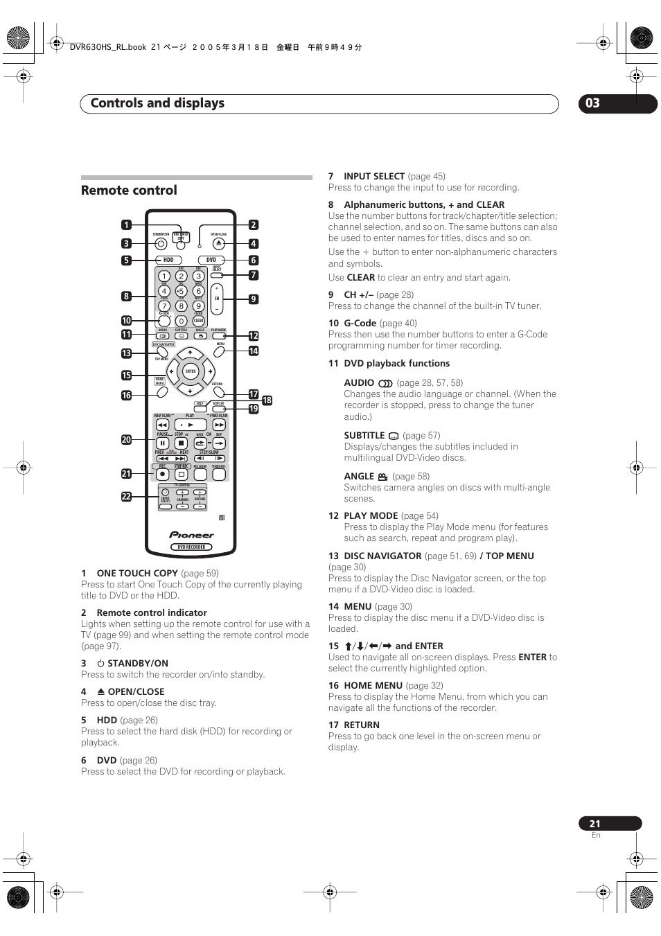 Remote control, Controls and displays 03 | Pioneer DVR-630H-S User Manual | Page 21 / 118