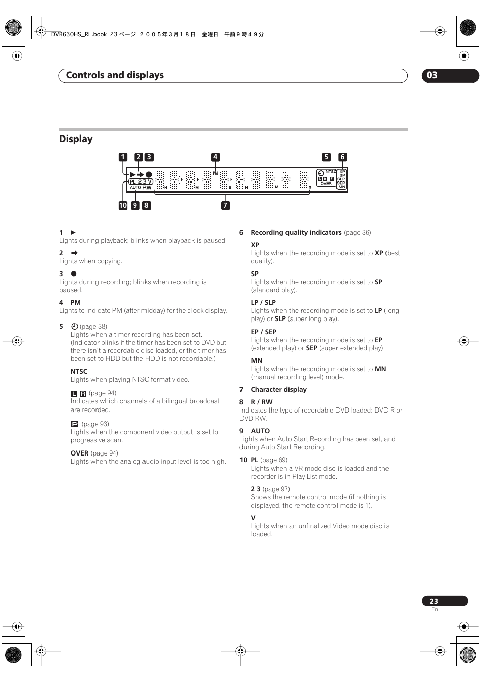 Display, Controls and displays 03 | Pioneer DVR-630H-S User Manual | Page 23 / 118