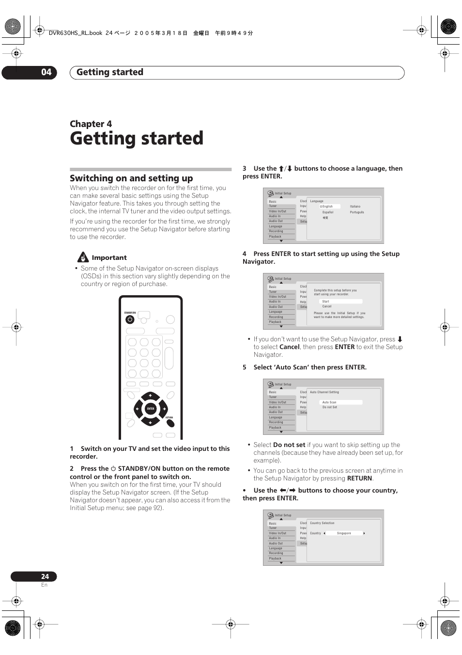 04 getting started, Switching on and setting up, Getting started | Getting started 04, Chapter 4 | Pioneer DVR-630H-S User Manual | Page 24 / 118