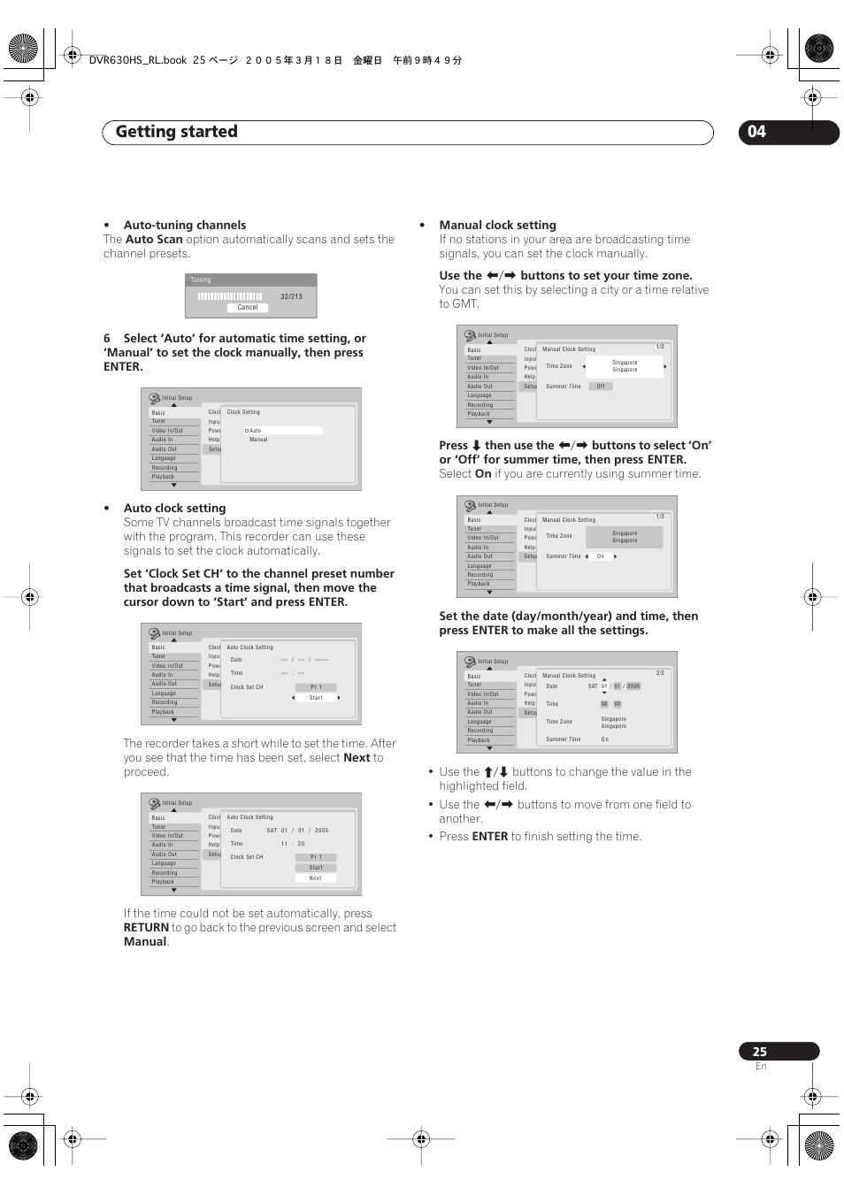 Getting started 04, Auto-tuning channels, Auto scan | Next, Return, Manual, Manual clock setting, Use the, Buttons to set your time zone, Press | Pioneer DVR-630H-S User Manual | Page 25 / 118