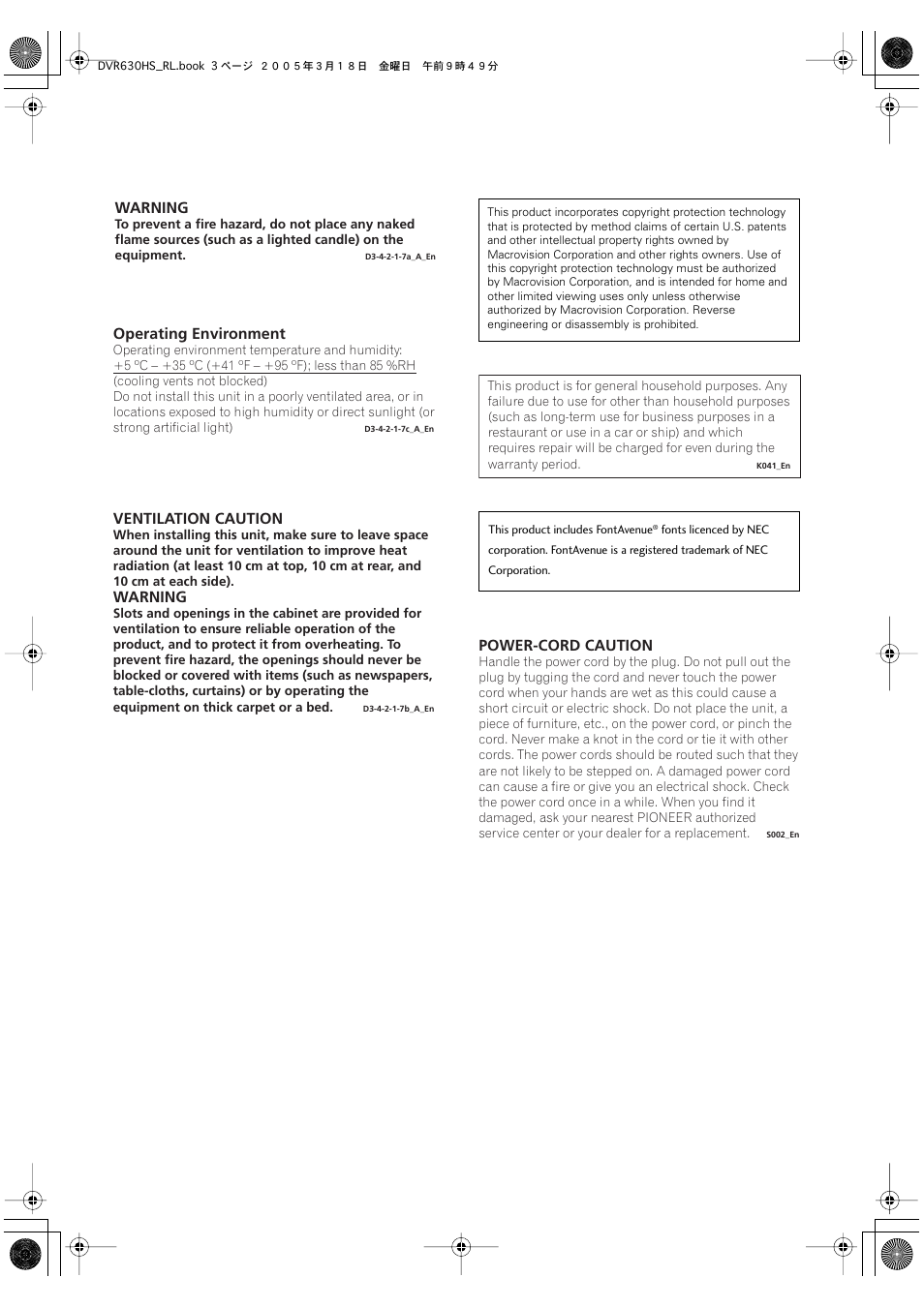 Warning, Ventilation caution, Operating environment | Power-cord caution | Pioneer DVR-630H-S User Manual | Page 3 / 118