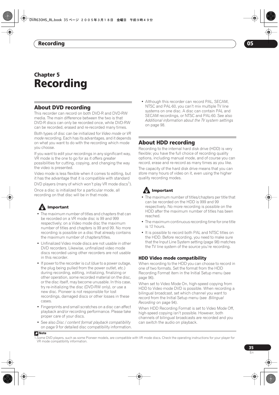 05 recording, About dvd recording, About hdd recording | Recording, Recording 05, Chapter 5 | Pioneer DVR-630H-S User Manual | Page 35 / 118