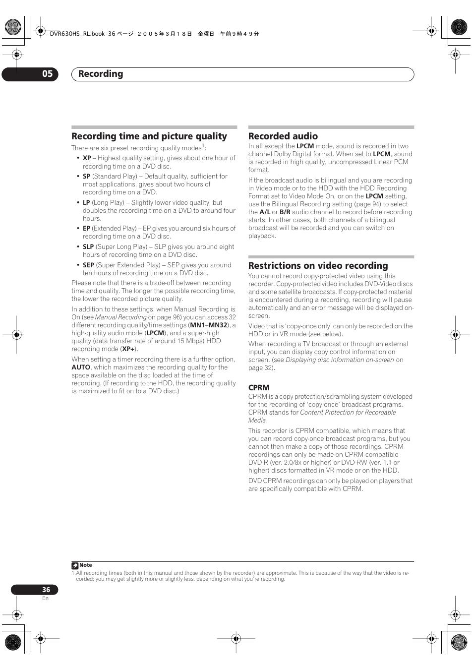 Recording time and picture quality, Recorded audio, Restrictions on video recording | Recording 05 | Pioneer DVR-630H-S User Manual | Page 36 / 118