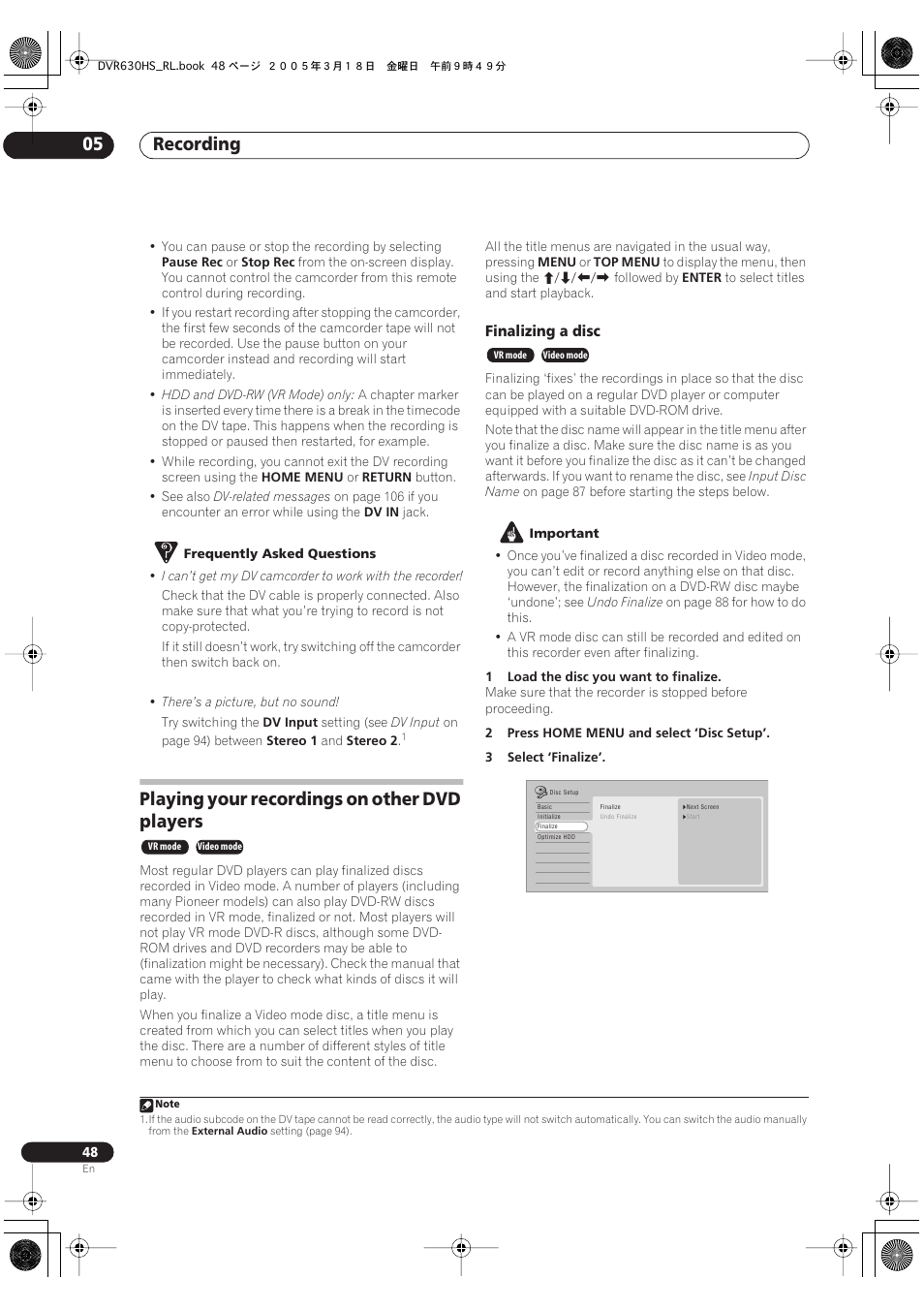 Playing your recordings on other dvd players, Recording 05 | Pioneer DVR-630H-S User Manual | Page 48 / 118