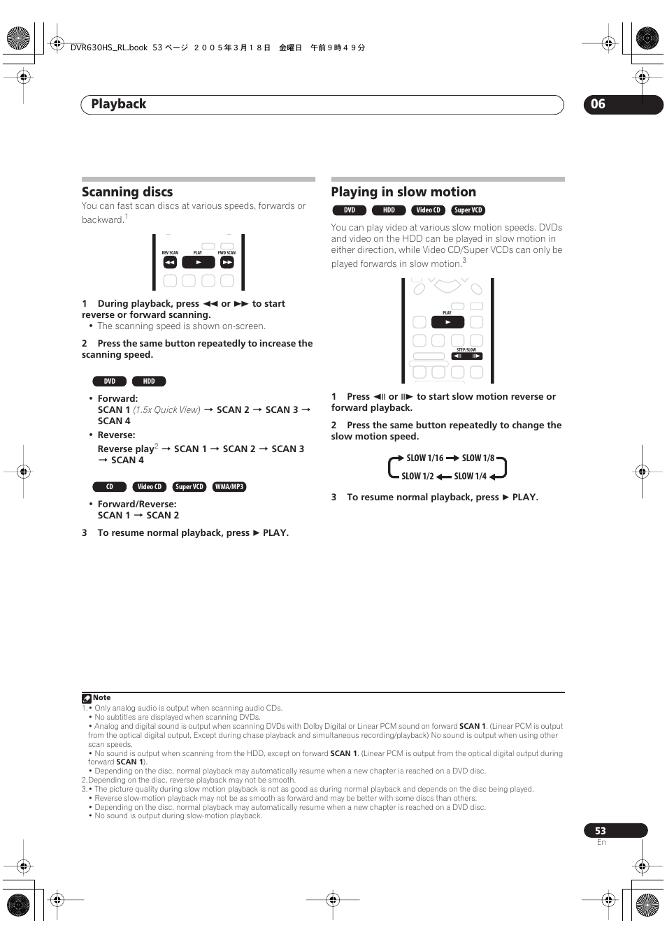 Scanning discs, Playing in slow motion, Playback 06 | Pioneer DVR-630H-S User Manual | Page 53 / 118